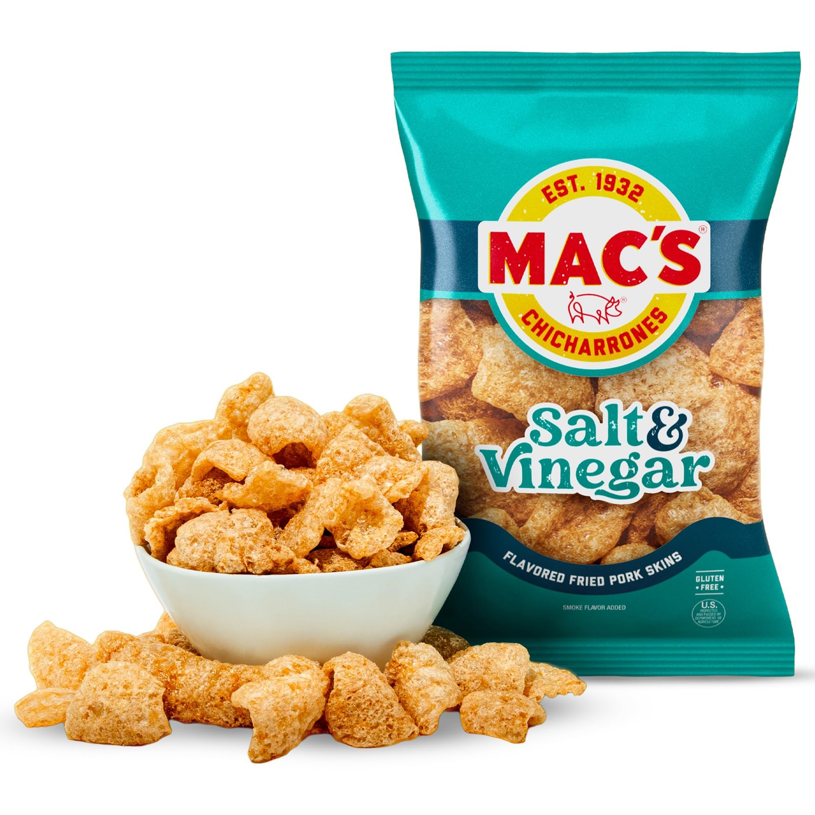 Mac's Salt & Vinegar Fried Pork Skins - Salt & Vinegar Flavored Chicharrones Por