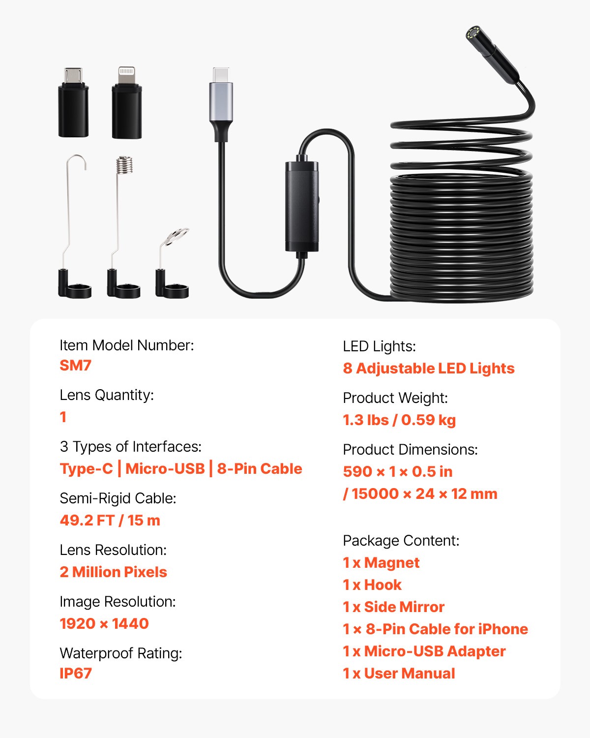 VEVOR Endoscope Camera 1920P HD Borescope for Android & IOS with 49.2FT Cable