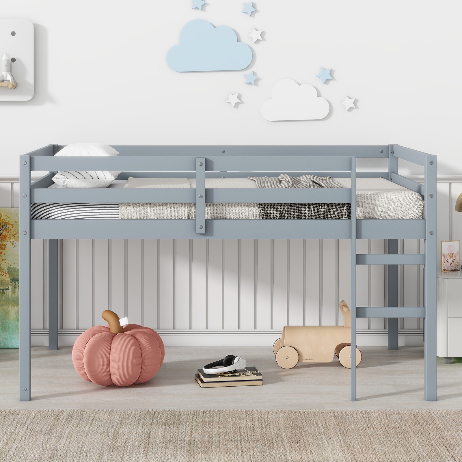 Twin Loft Bed w/ Ladder, Rubber Wood Frame, Low Height Design, Grey