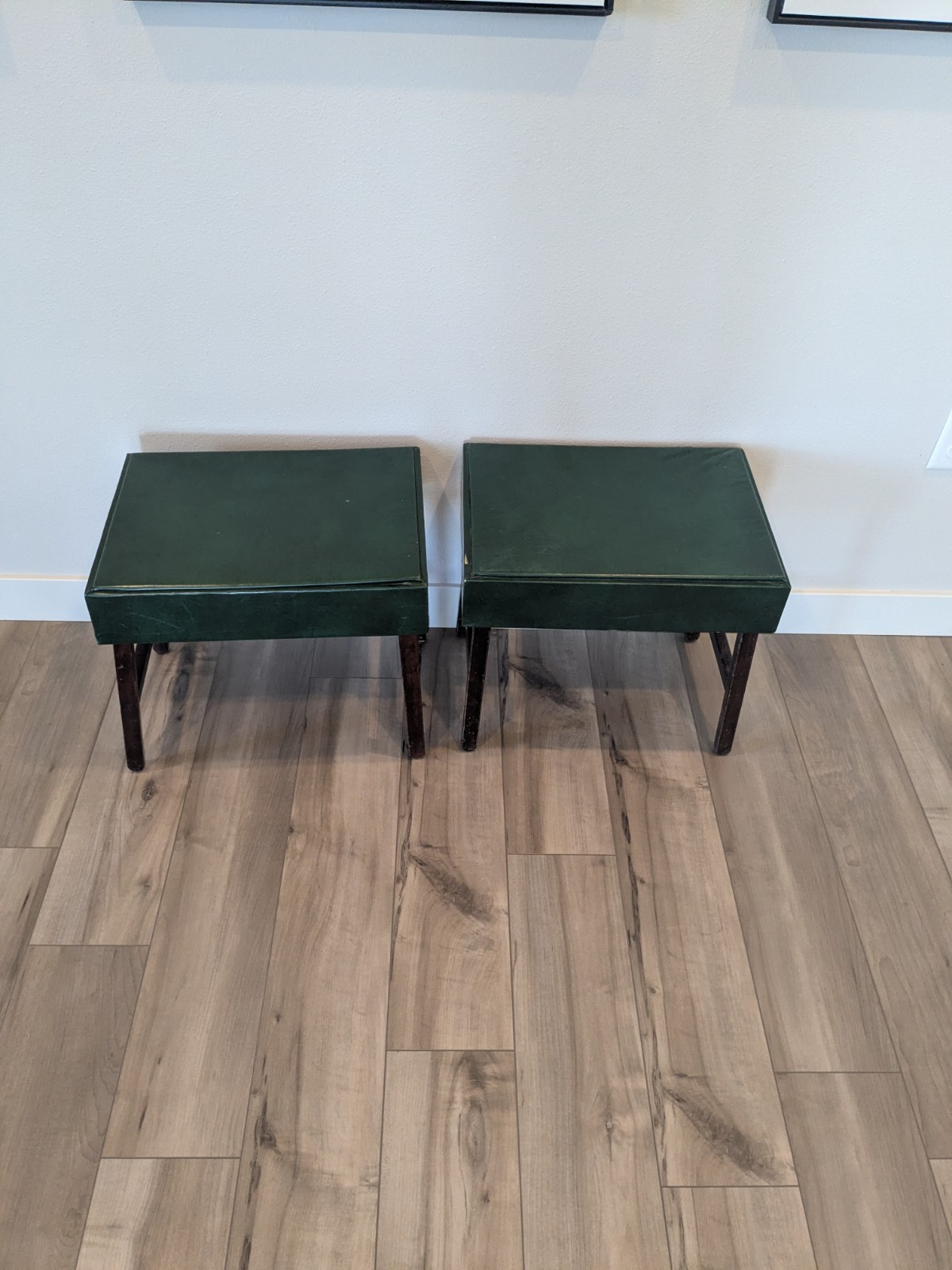 Pair of Vintage Stak-o-seatz Green Stools With Foldable Wood legs (set of 2)