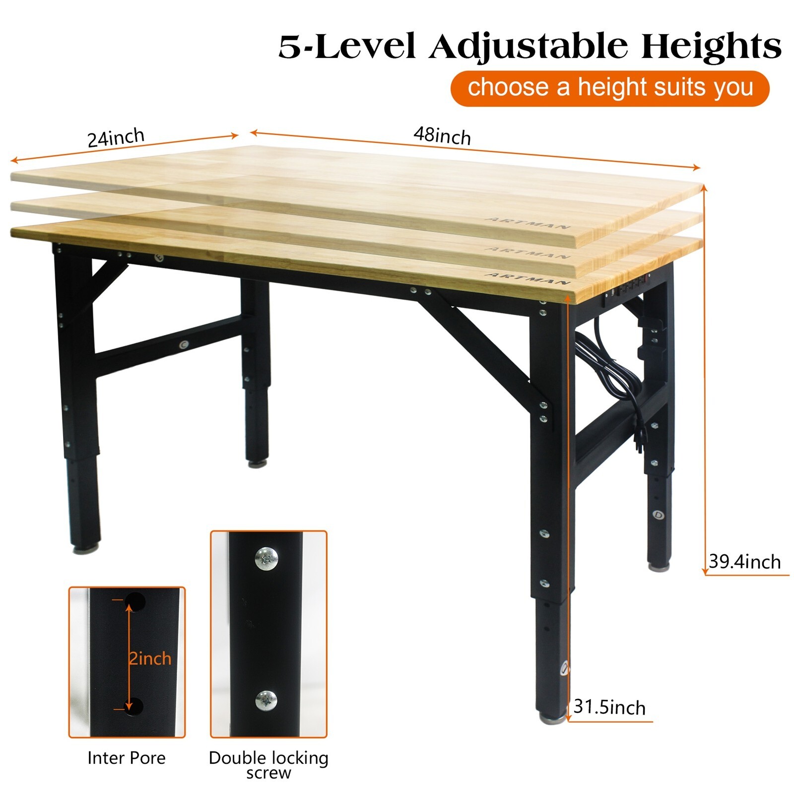 48" Workbench Adjustable Height Work Table Rubber Wood Top Workstation