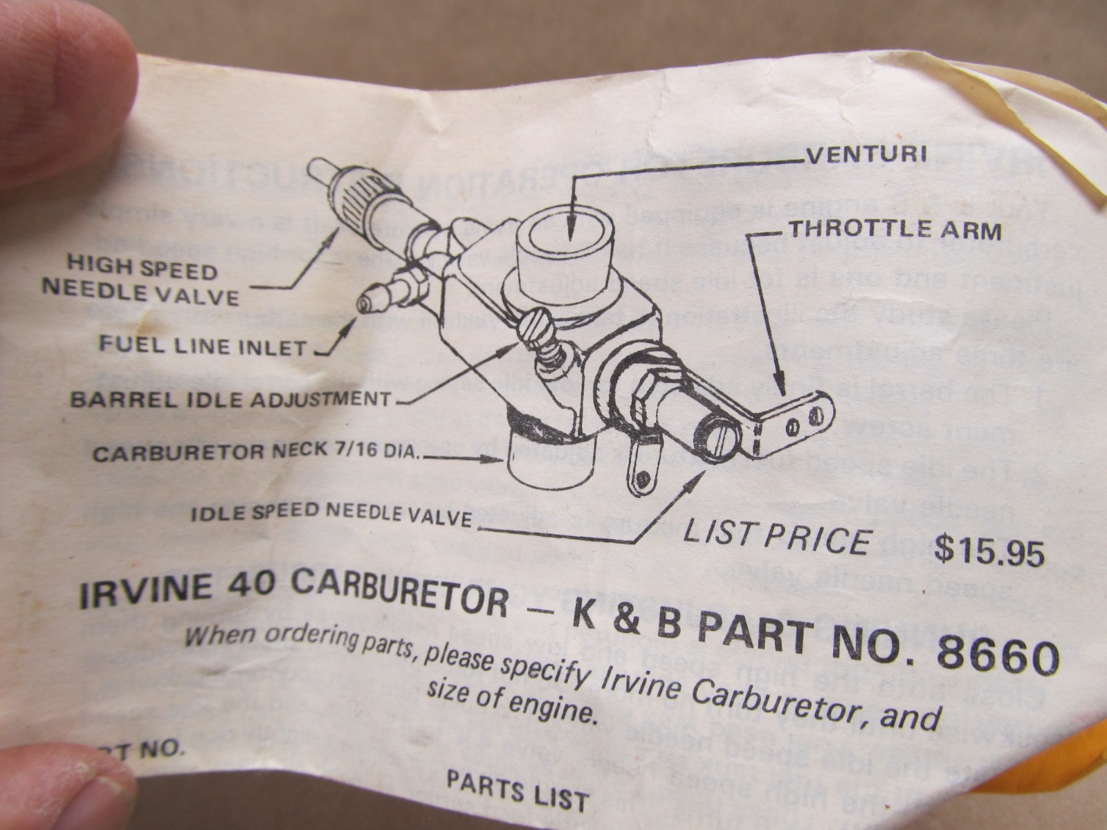 K & B .40 R/C Engine With Irvine Carburetor
