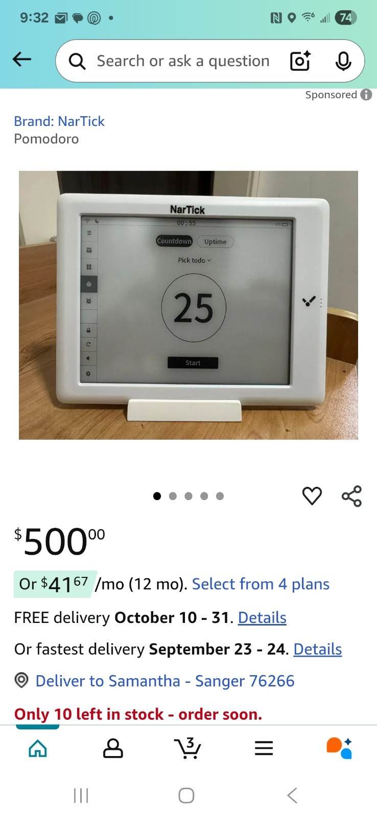 NarTick Pomodoro Timer Digital Countdown Visual Display