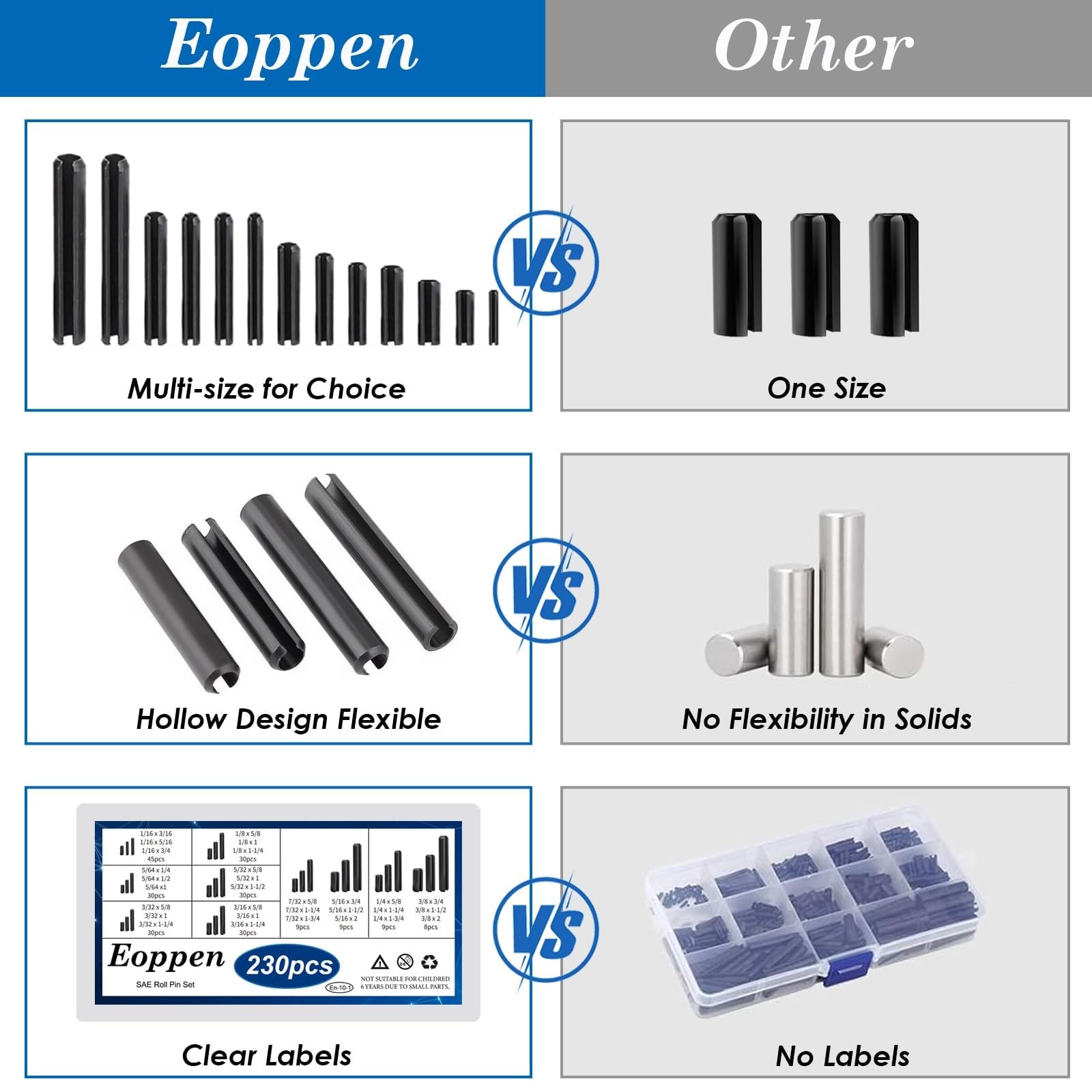 Eoppen 230Pcs SAE Roll Pin Assortment Set - Slotted Pins