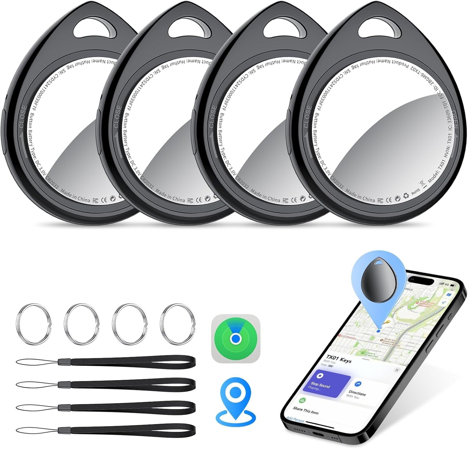 Air Tracker Tags-4 Pack Work with Apple Find My (iOS Black Glossy (4 Pack)