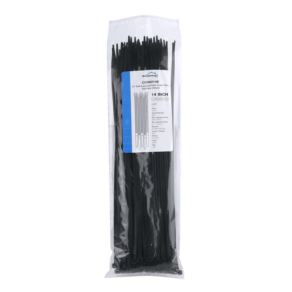 *OPEN BOX* Construct Pro 14″ Self-Locking Nylon Cable Ties (100 Pack, Black)