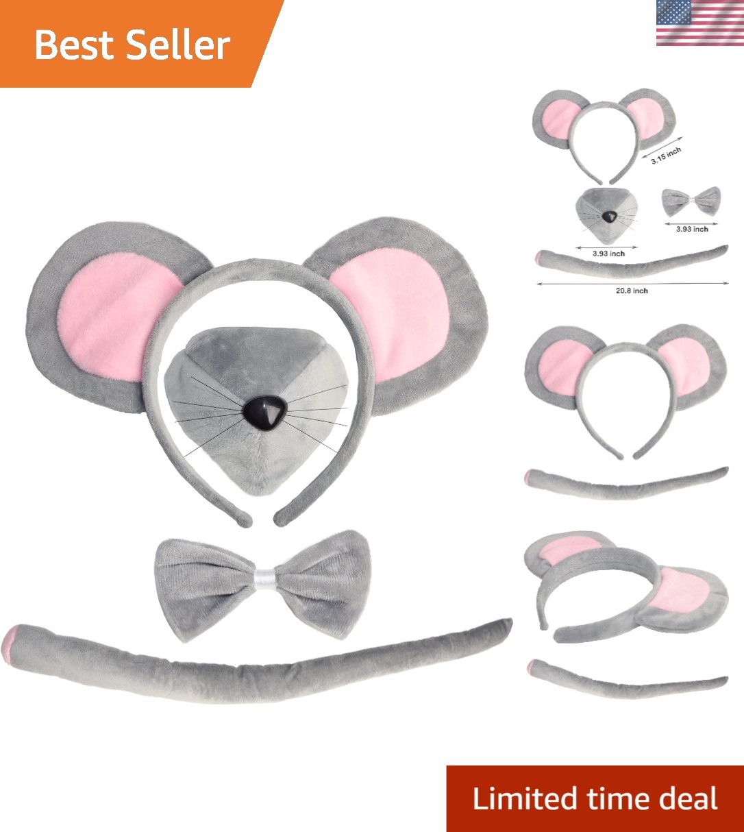 Complete Mouse Costume for Kids - Headband, Tail, Nose & Bow Tie - Easy to Wear!