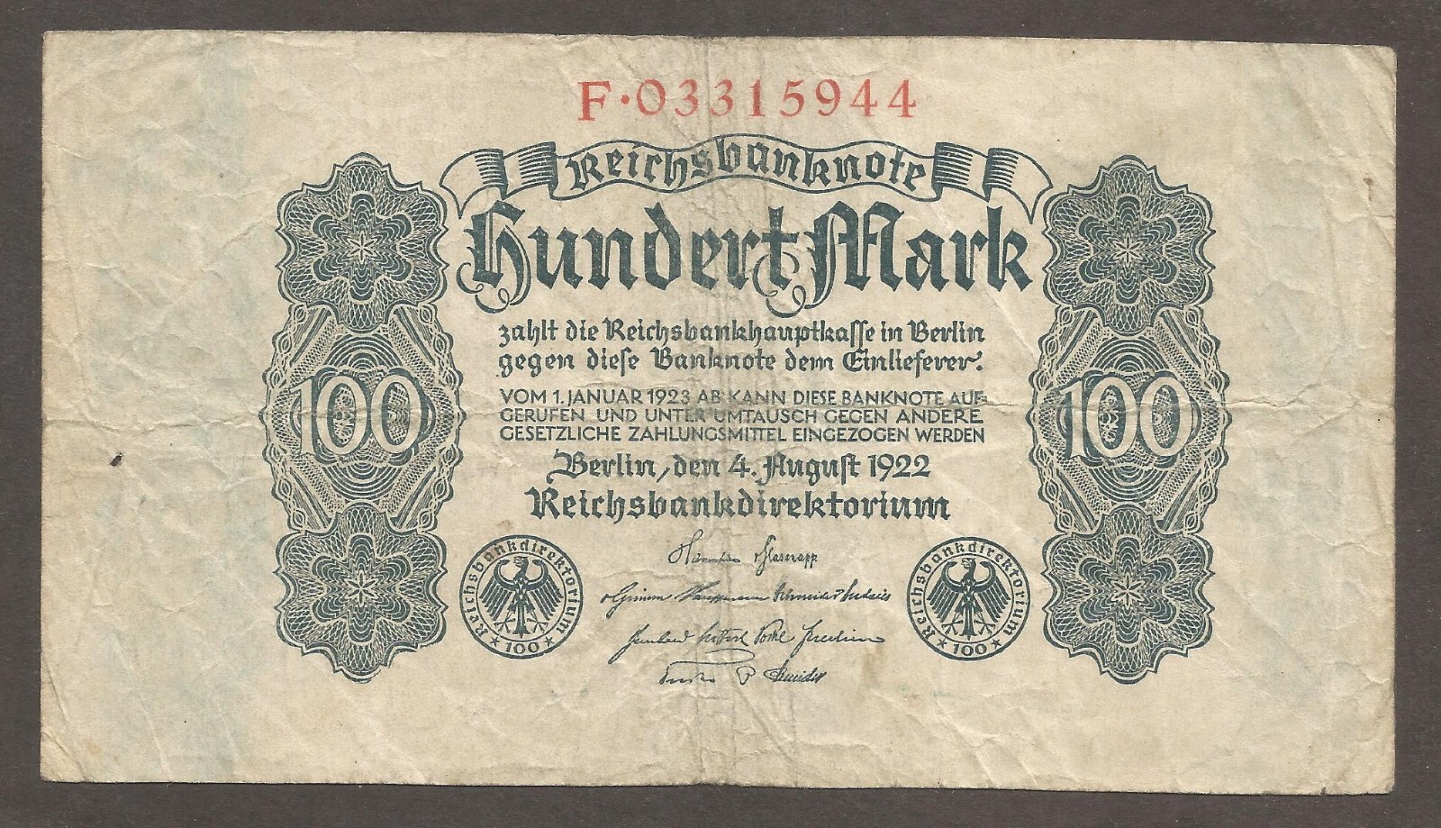 Germany 100 Mark 4.8.1922; VG; P-75; BNB-B225a; Government print