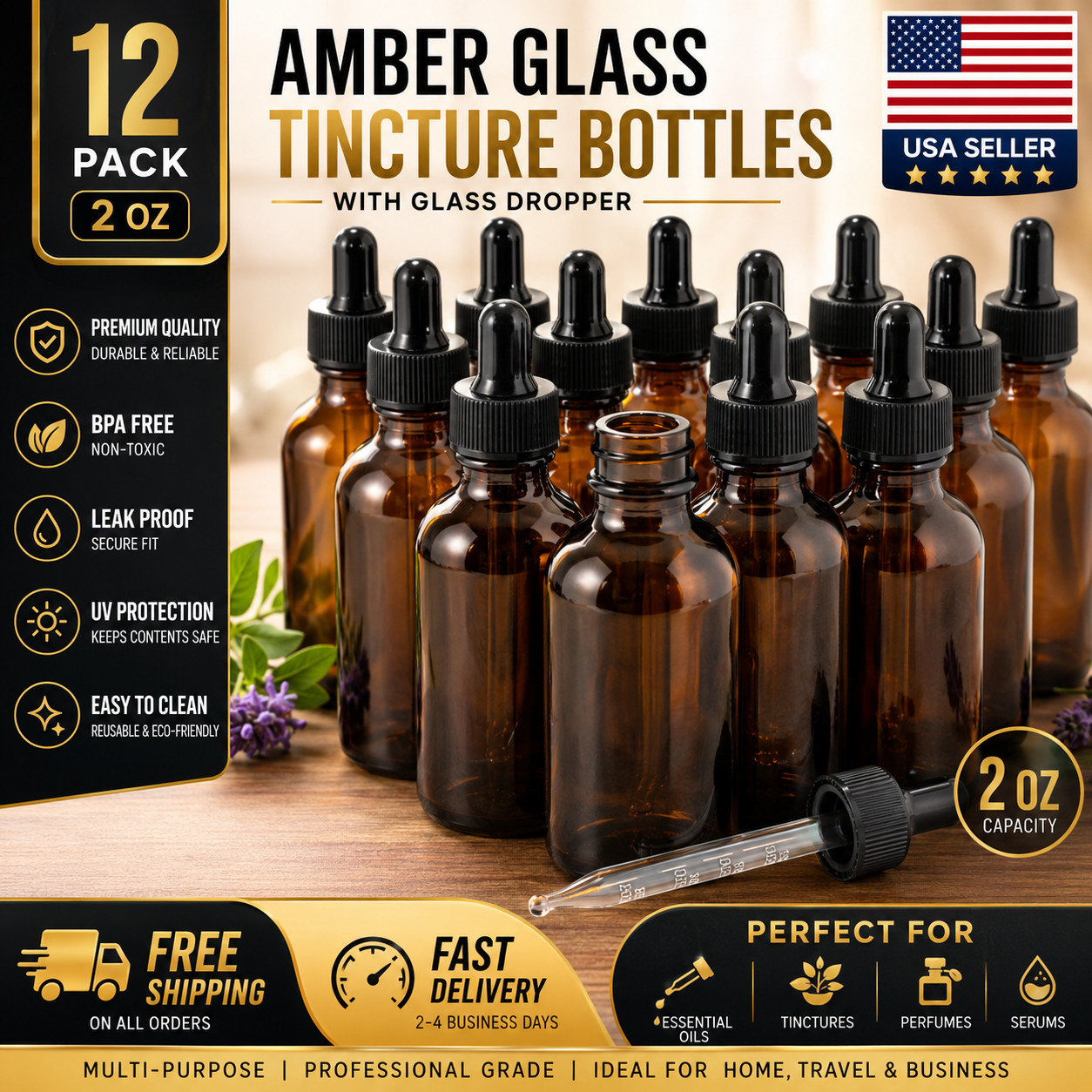 Tincture Bottles with Dropper 12 Pack 2 Oz Amber Glass Dropper Bottle