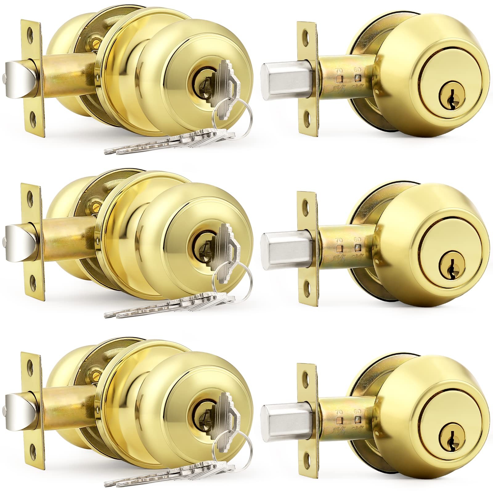 Probrico Polished Brass Entry Door Knob Deadbolt 3 Pack Keyed Alike