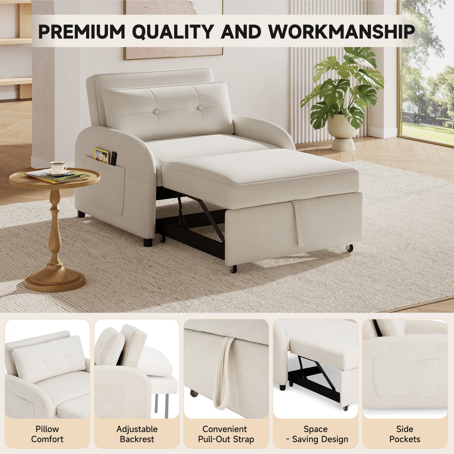 Modern Convertible 3-in-1 Sleeper Sofa Bed Folding Pull Out Bed for Small Space