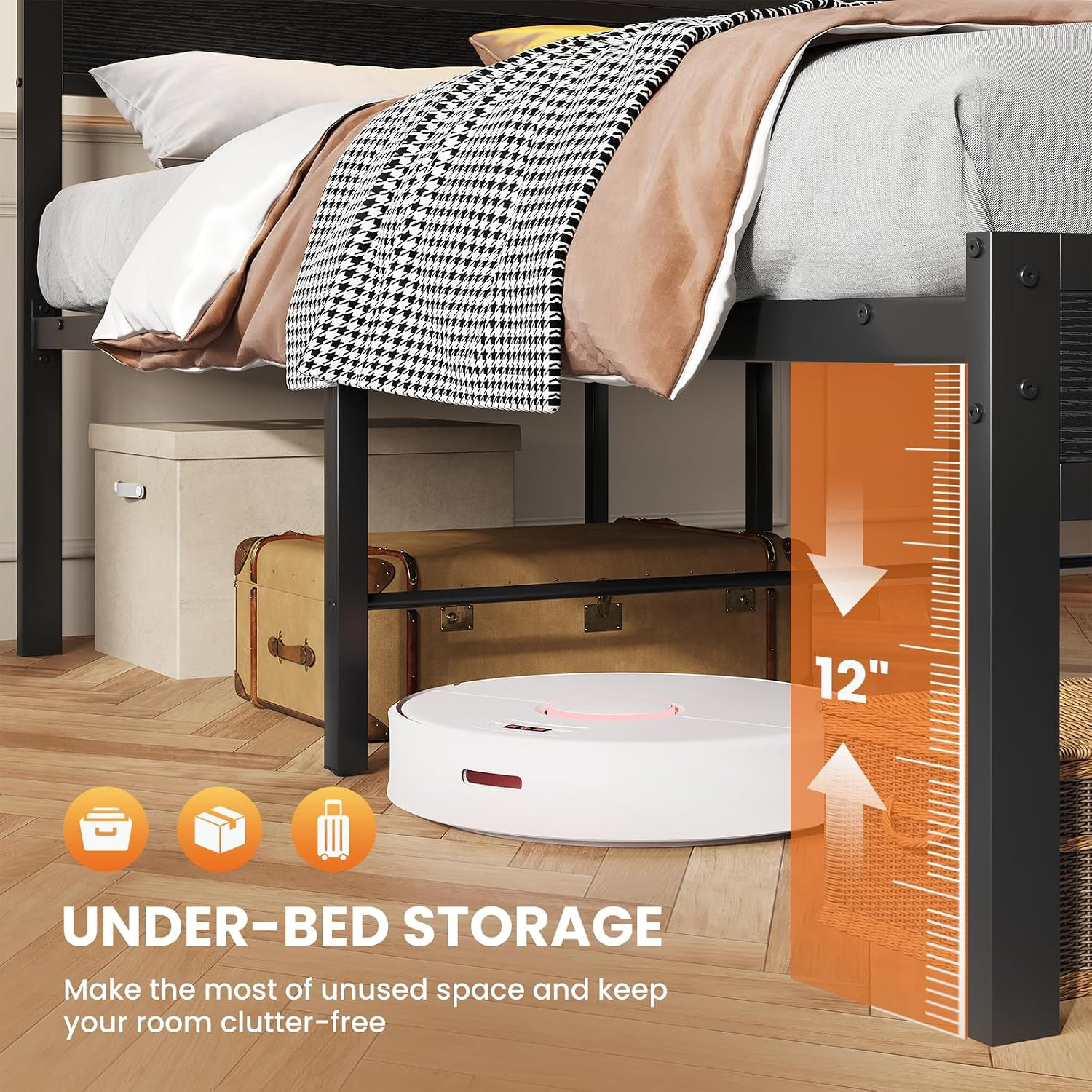 Queen Bed Frame with LED Lights and Charging Station, Platform Bedframe with Sto