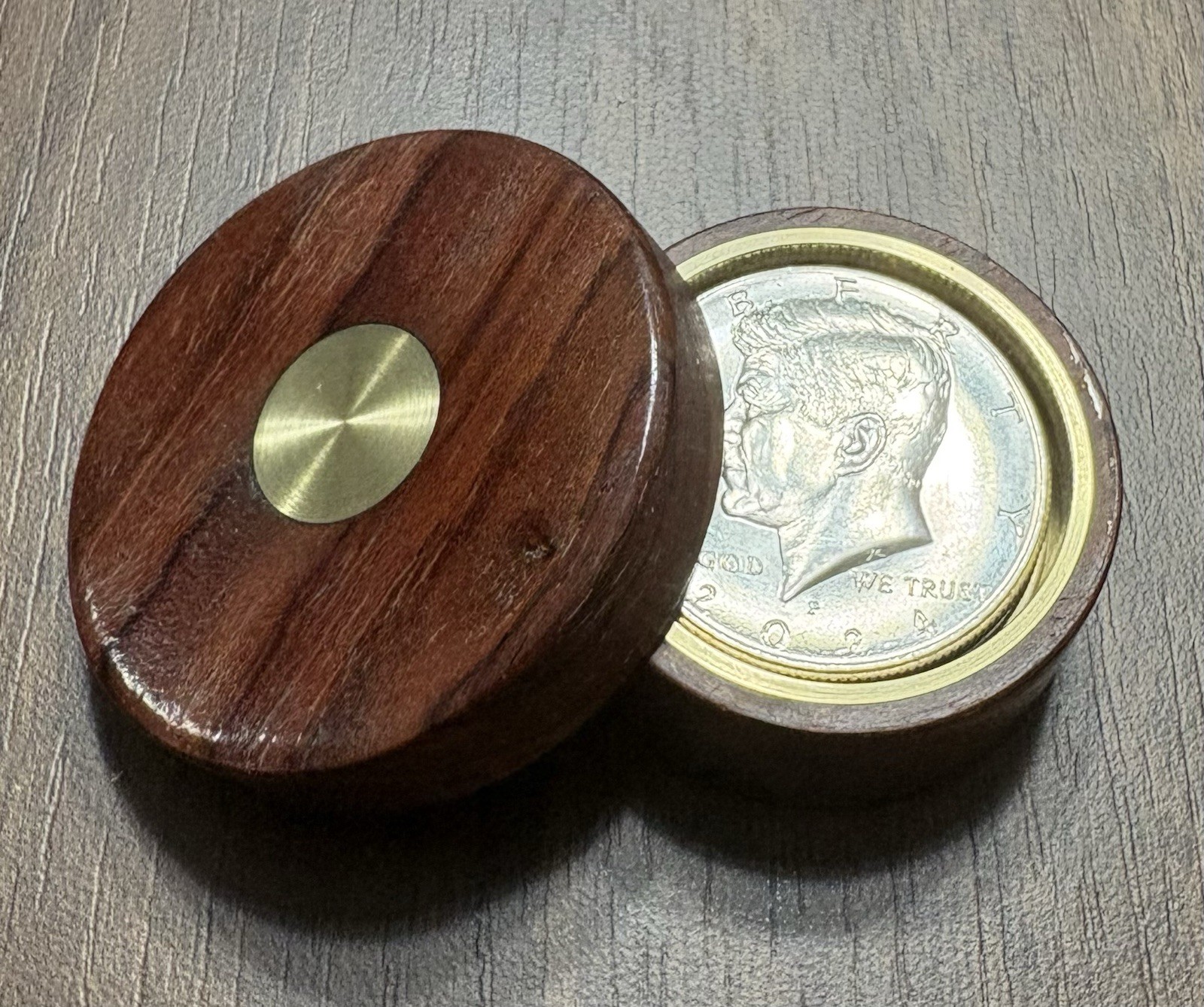1/2 DOLLAR OKITO STYLE COIN BOX        COCOBOLO AND BRASS