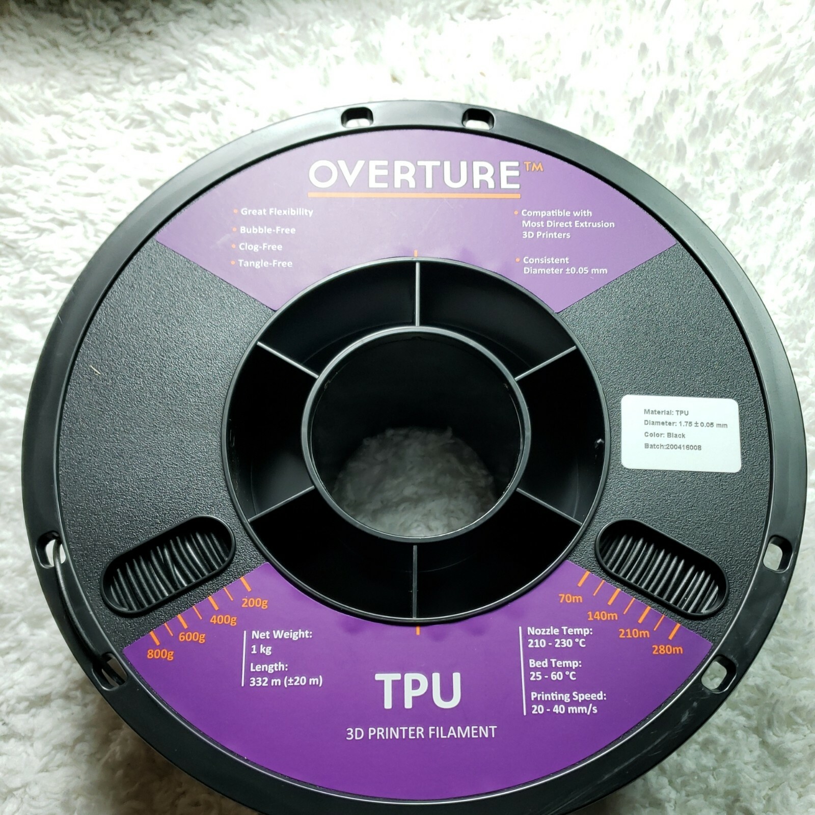 OVERTURE TPU Filament 1.75mm with 3D Build Surface 200x200 mm BLACK Open box