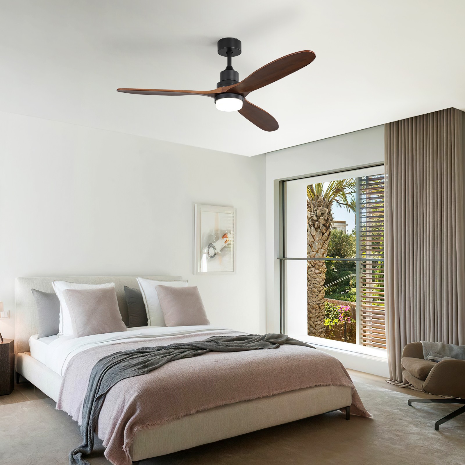 60" Ceiling Fan With Lights 3 Solid Wood Fan Blade Noiseless Reversible Motor