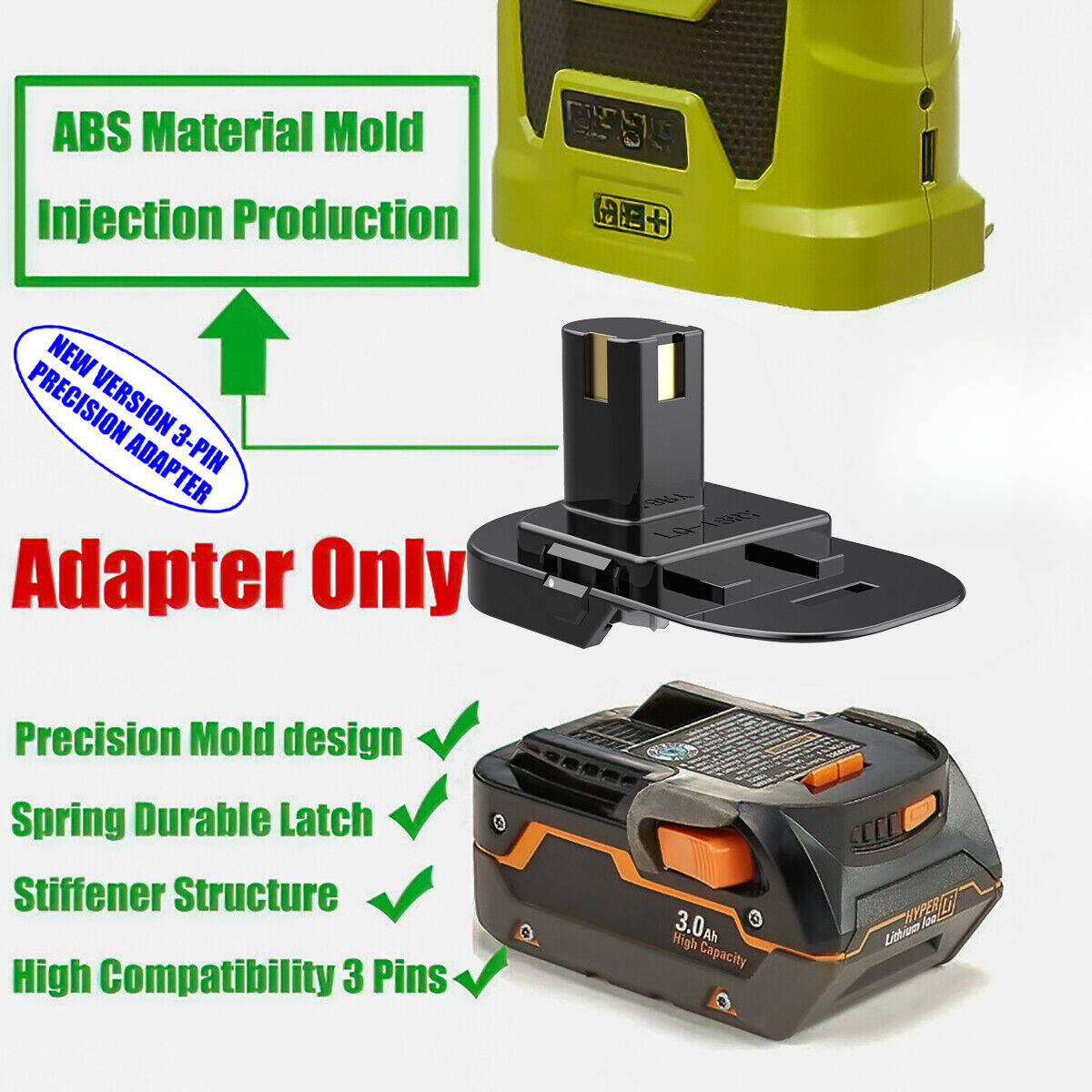 1x Adapter for Ryobi 18V One+ Tools To for Ridgid 18V Batteries - Adapter Only