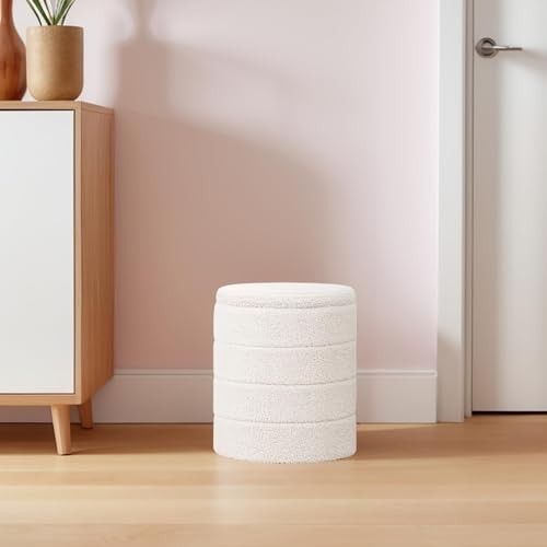 Round Ottoman with Storage, Boucle Ottoman 14.5"D x 14.5"W x 17.7"H Cream White