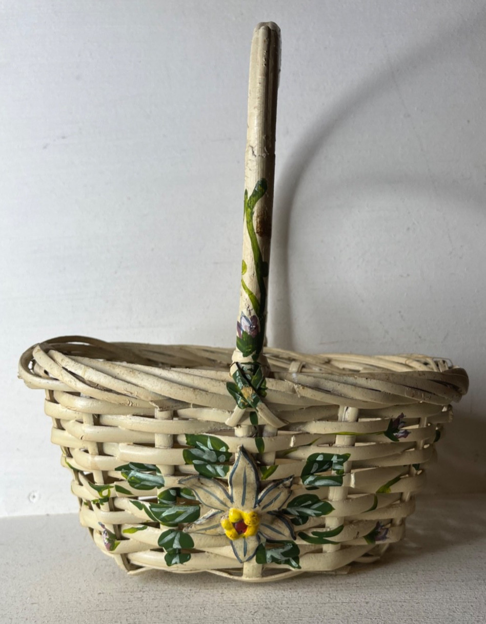 VTG Handmade Woven Wicker Easter Basket Handpainted Floral Design w/ Handle