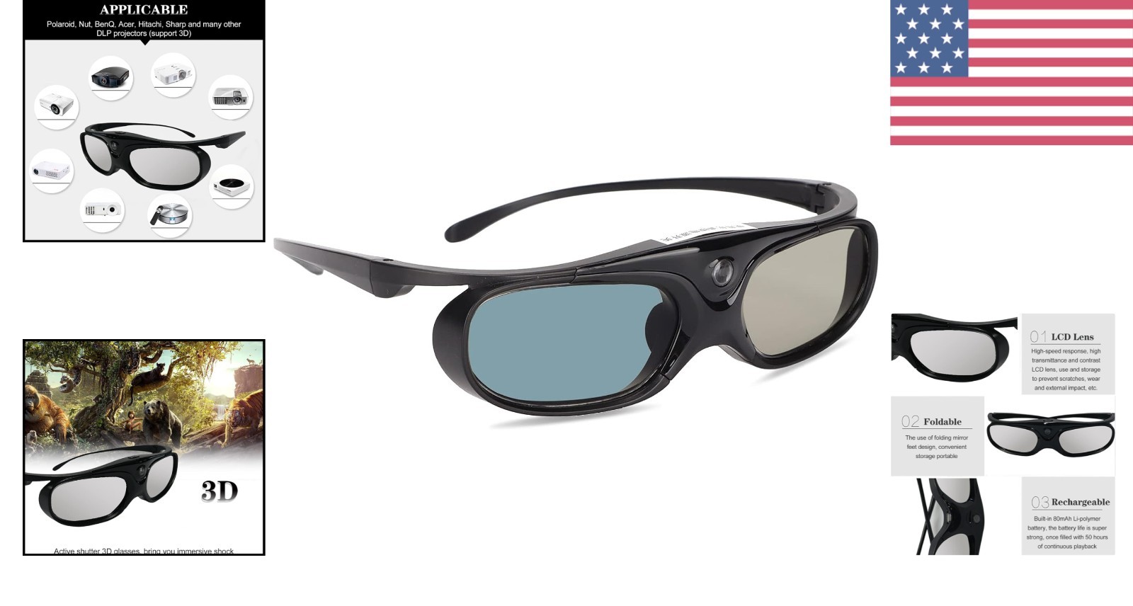 High-Performance 3D Glasses: Rechargeable, Lightweight, for Stunning Visuals