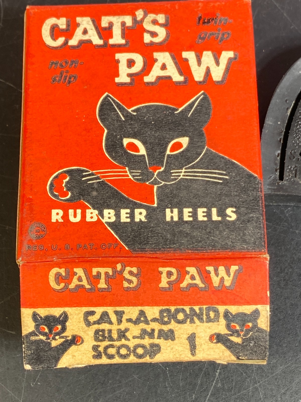 Cats Paw Black Rubber Heels Scoup 1 Original Box 2 Heels Vintage NIB 1940s