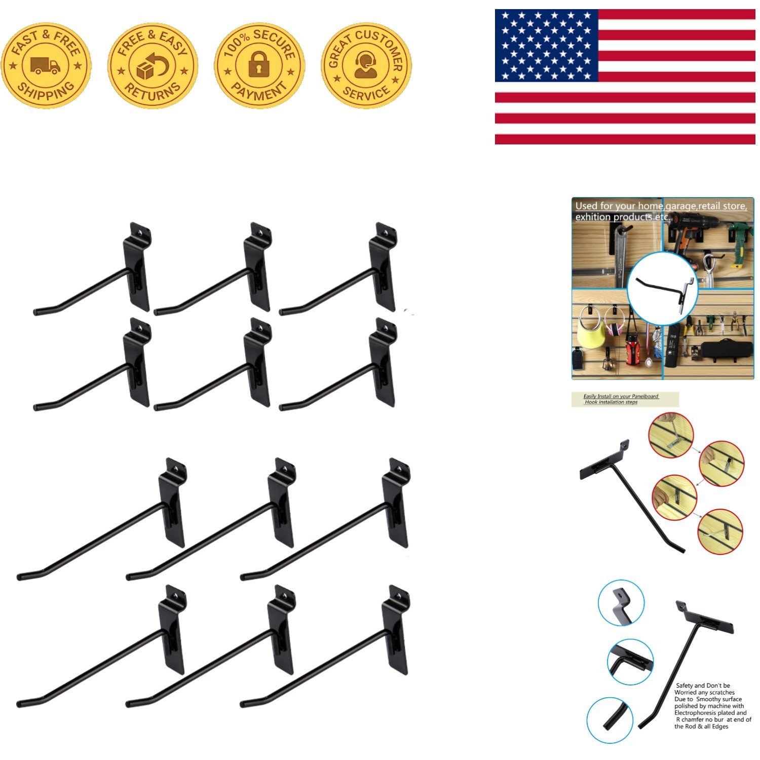 Durable Slatwall Hook Set: 12 Heavy-Duty Metal 4'' & 6'' Wall Mounting Solutions