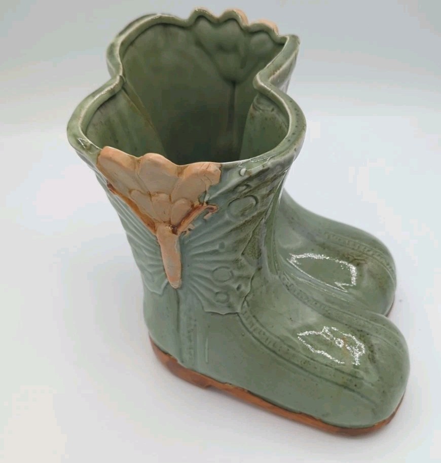 VTG Seafoam Green Ceramic Double Boot Planter Vase  Farmhouse Houseplant 7x7"