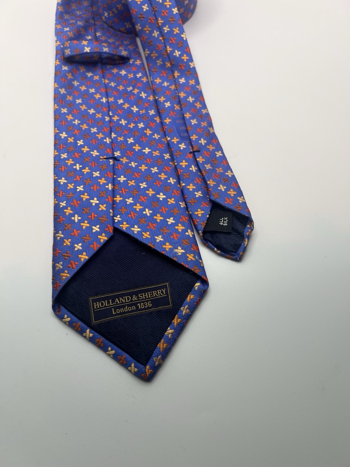 Holland & Sherry London 1836 Mens Blue Silk Geometric Cross Pattern Silk Tie