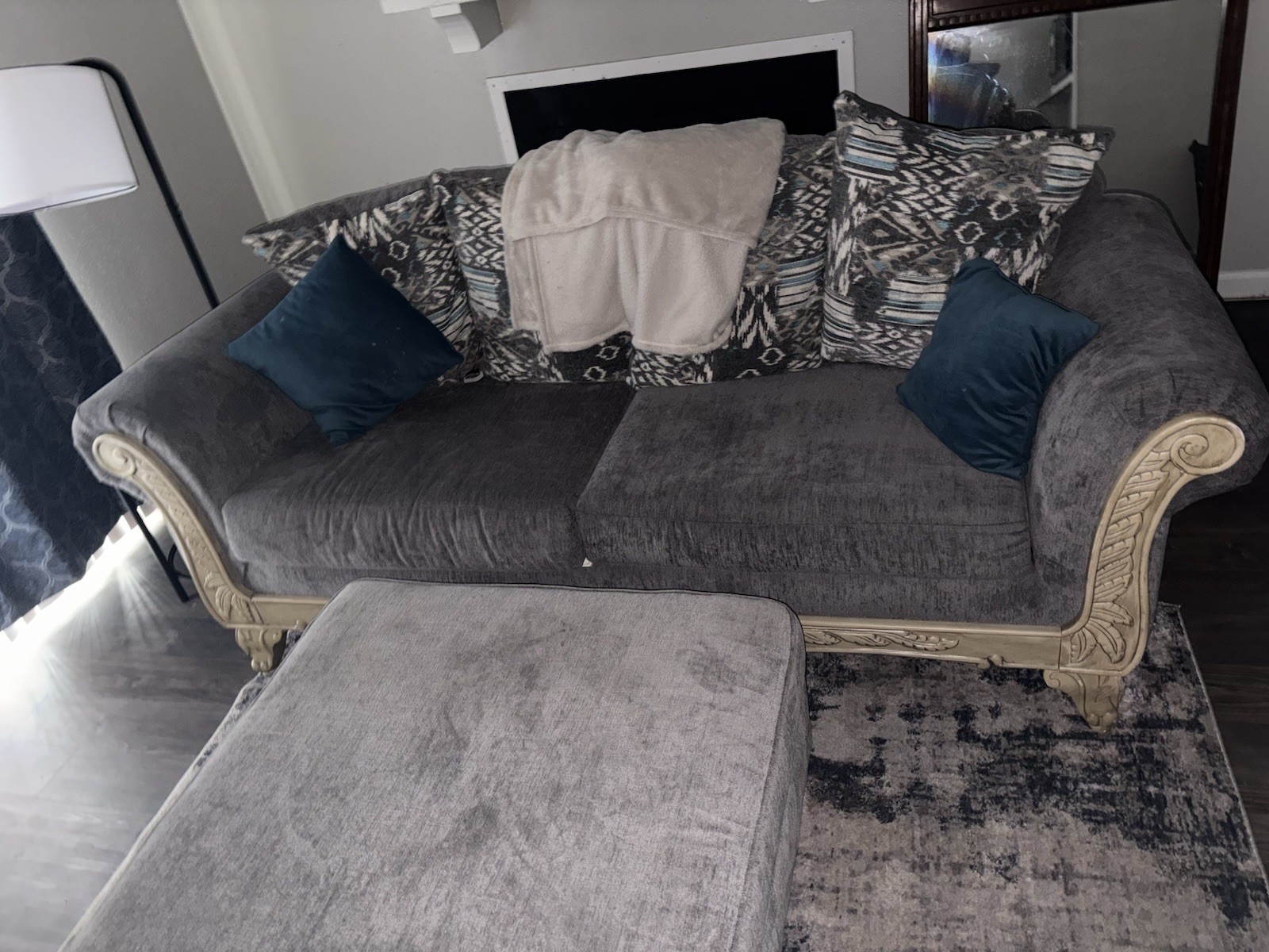 Gray Beige Velvet Sofa with Wooden Frame, High Back, Classic Arms & Ottoman