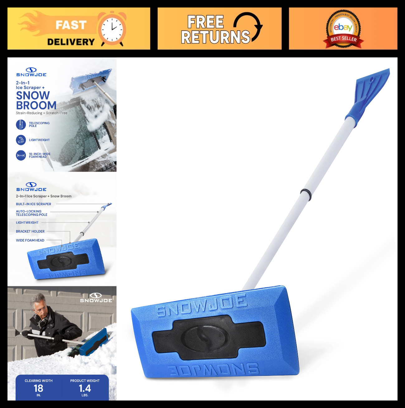 18" Snow Broom & Ice Scraper for Cars - Extendable Foam Brush, No Scratch Tool