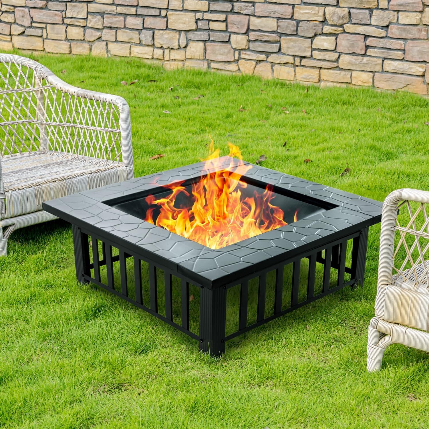 32 inch Fire Pit, Square Outdoor Fire Pit Table with Spark Screen & Fire Poker,