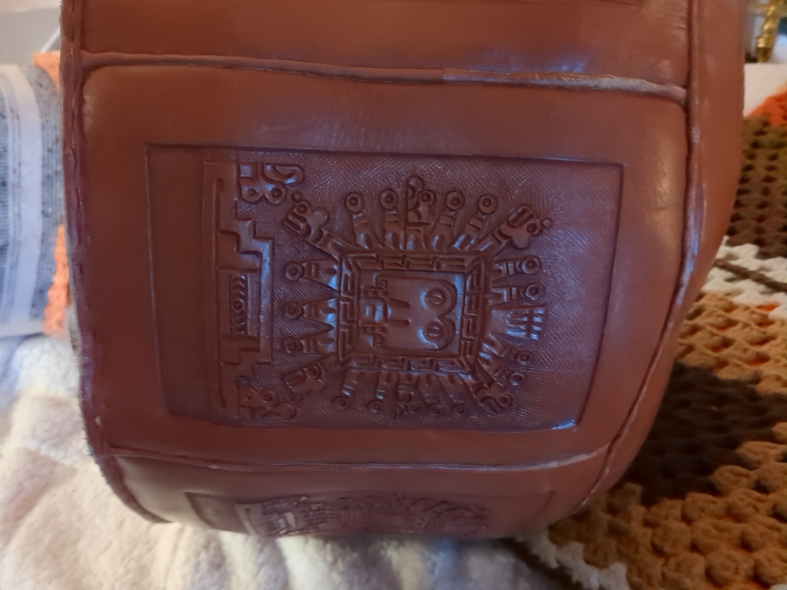 Carved Leather Peruvian Embossed Ottoman Large 10x20"" Incan Peruvian Pattern