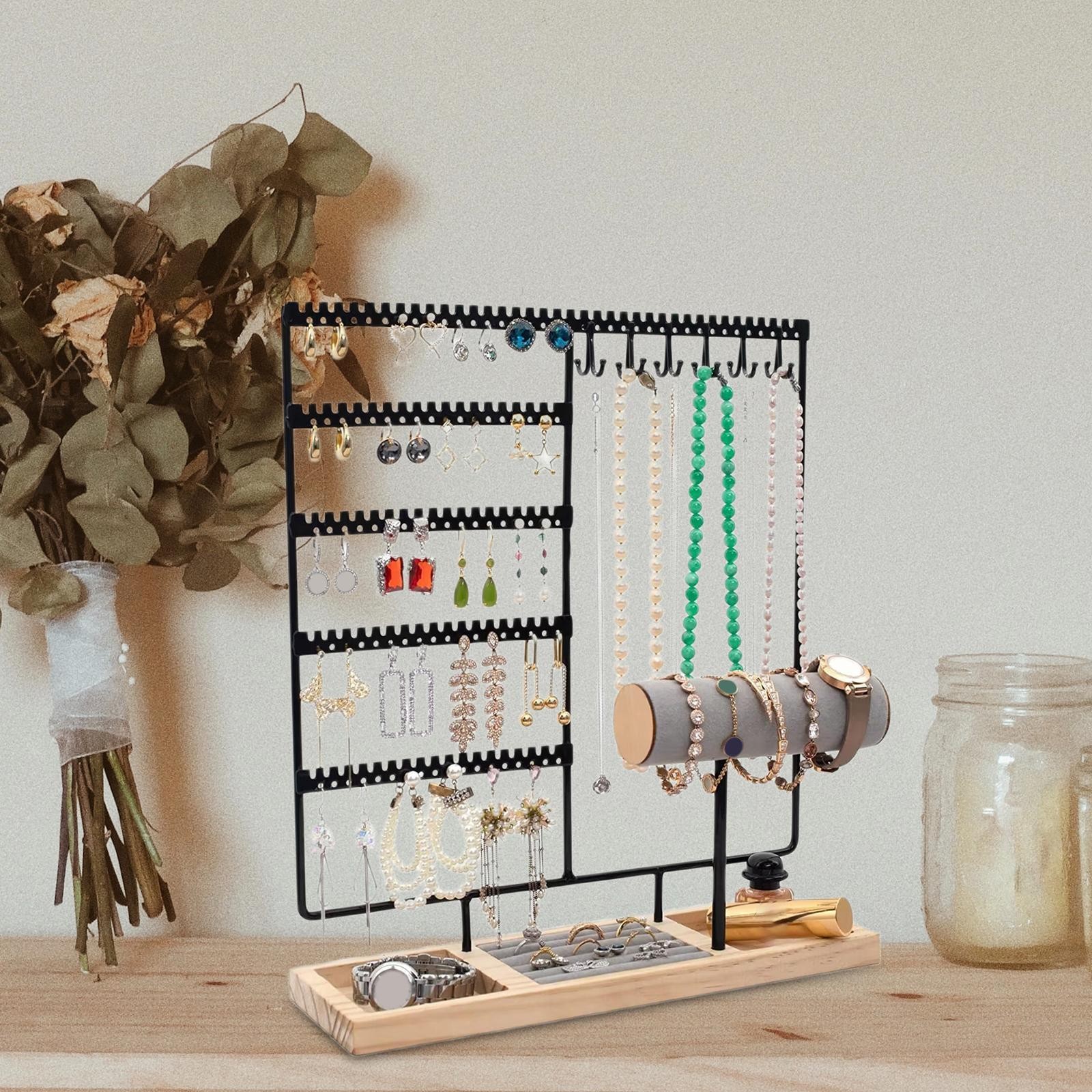 Earring Holder Hanging Rack Large Capacity Wood Base Multi Layer Jewelry Holder
