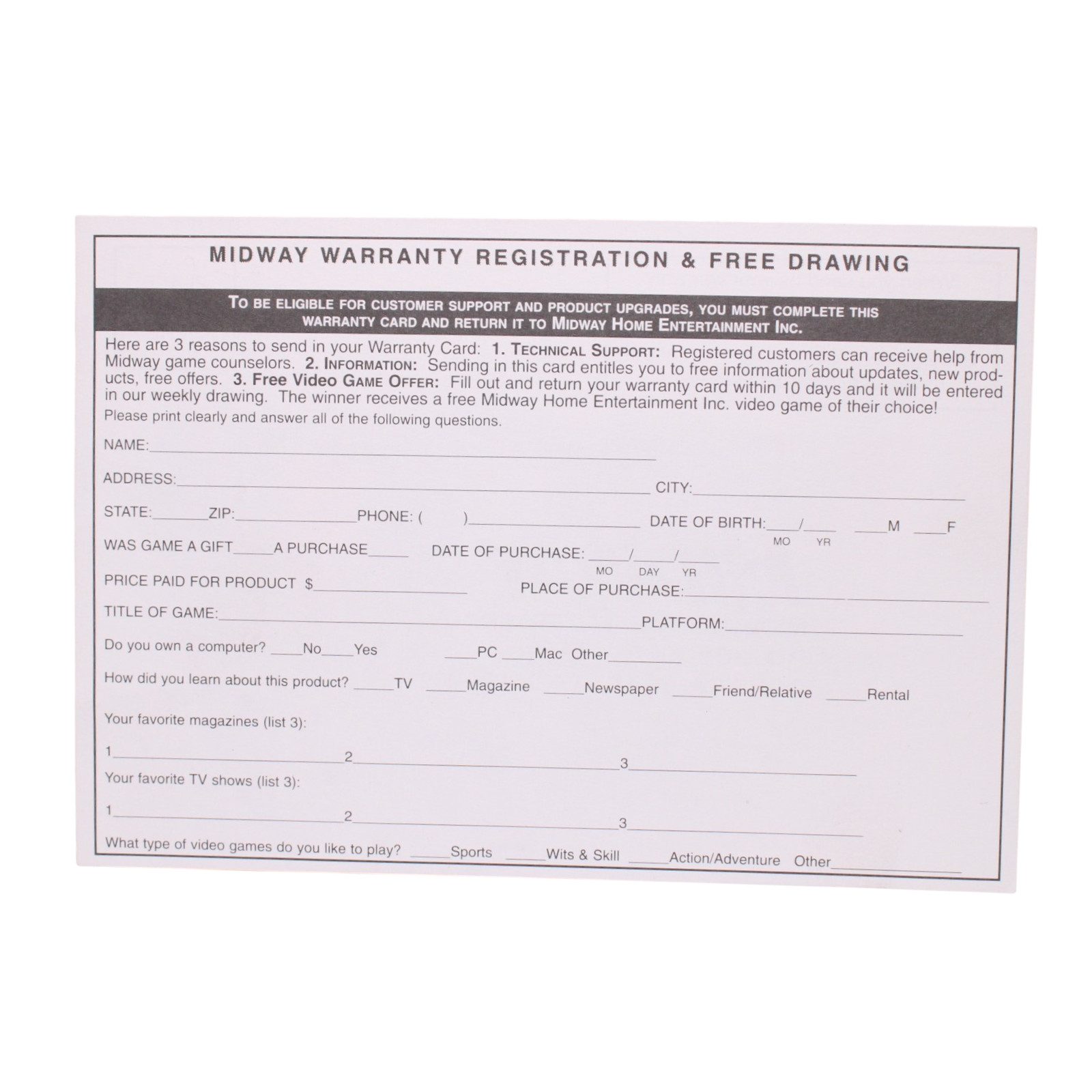 Midway Warranty Registration & Free Drawing Insert Card