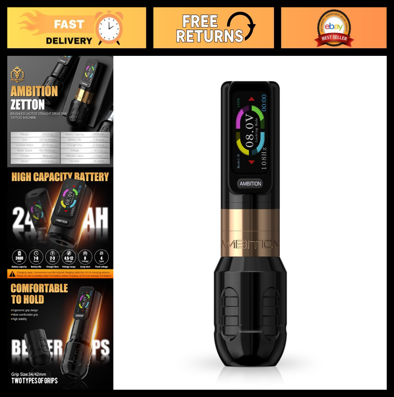 Professional Rotary Tattoo Machine - Brushless Motor, 2400mAh Battery, Touch Dis