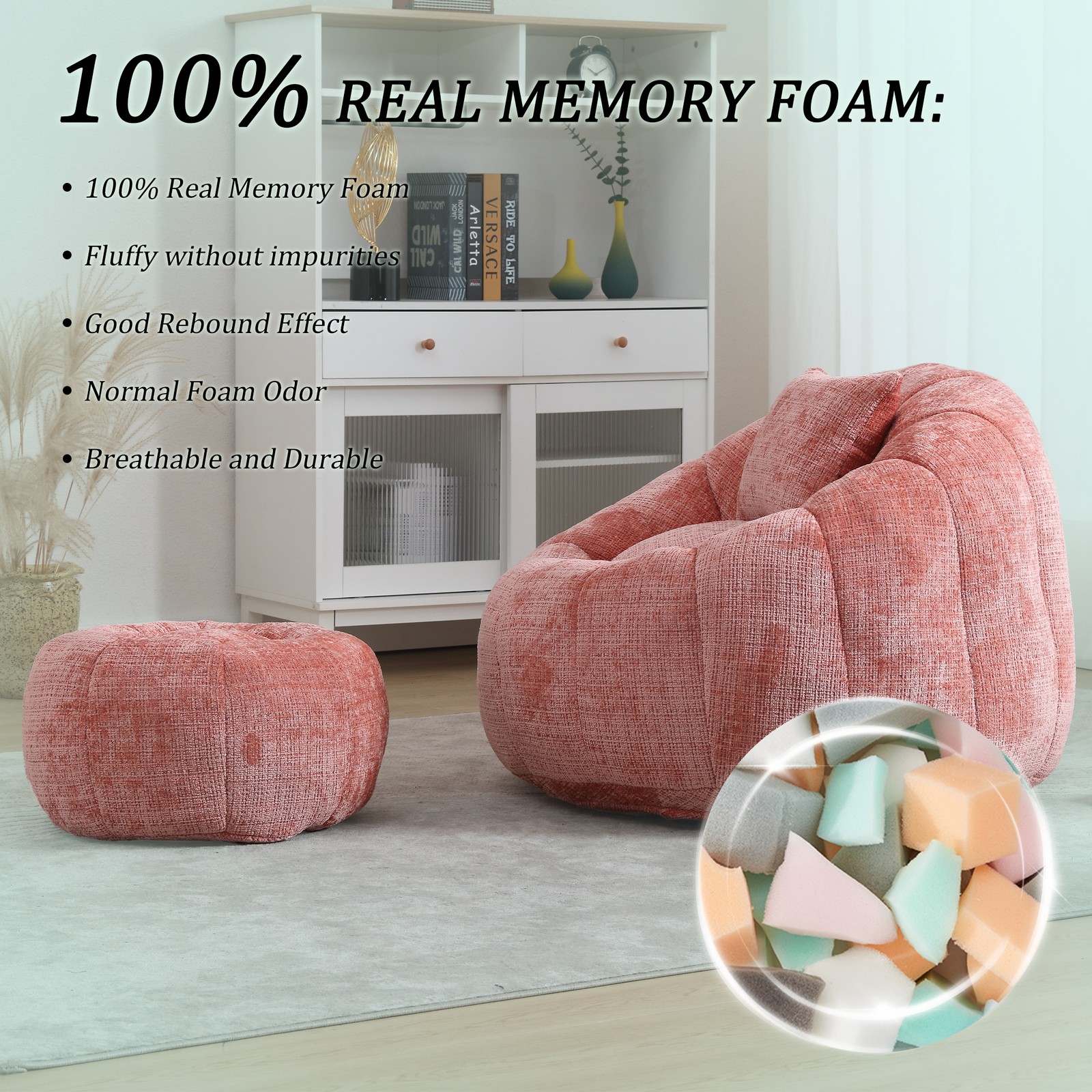 UNITED WE WIN Modern Bean Bag Chairs, Comfy Round Chair for Adults with Ottoman