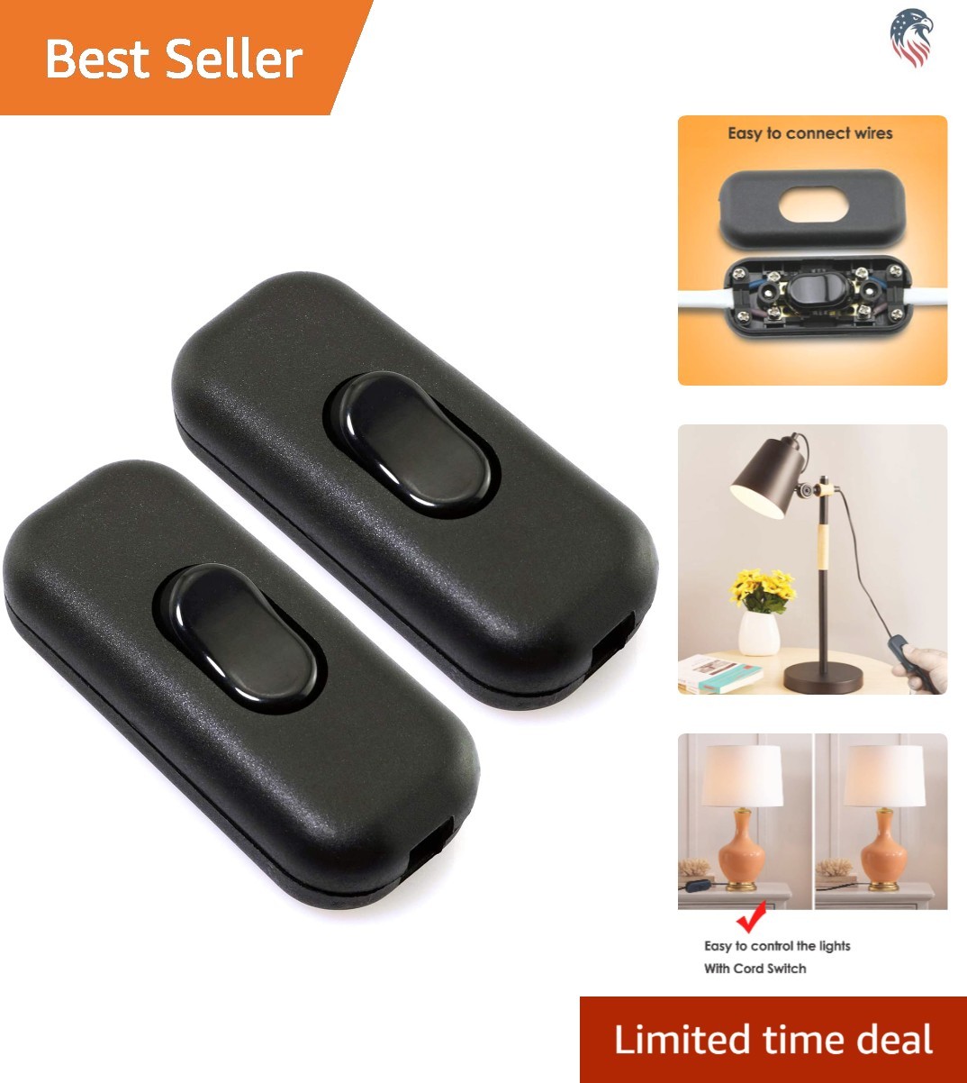 Compatible for Table Lamp and Fan Inline Cord Switch 2 Pack Black