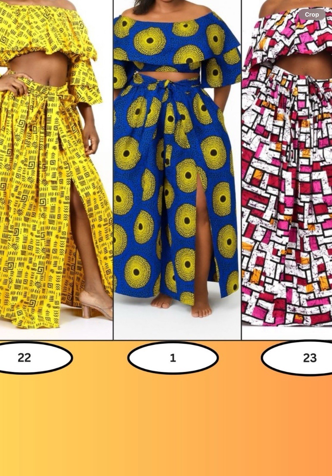 African clothing for women and men- Dresses, head dress, tops and pant sets