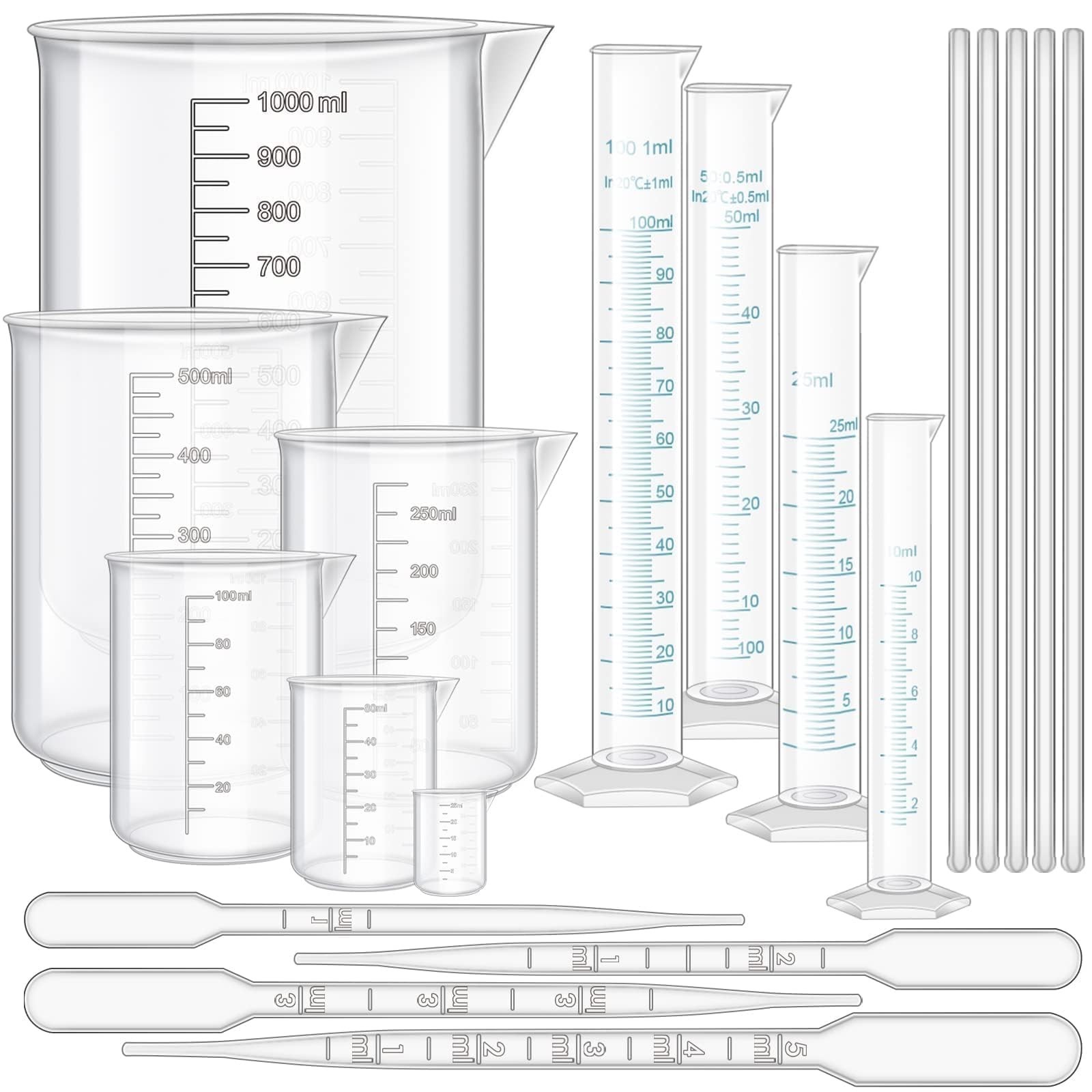 23Pcs Graduated Cylinders Beakers Set 6 Clear Plastic Graduated Cylinders 25/...