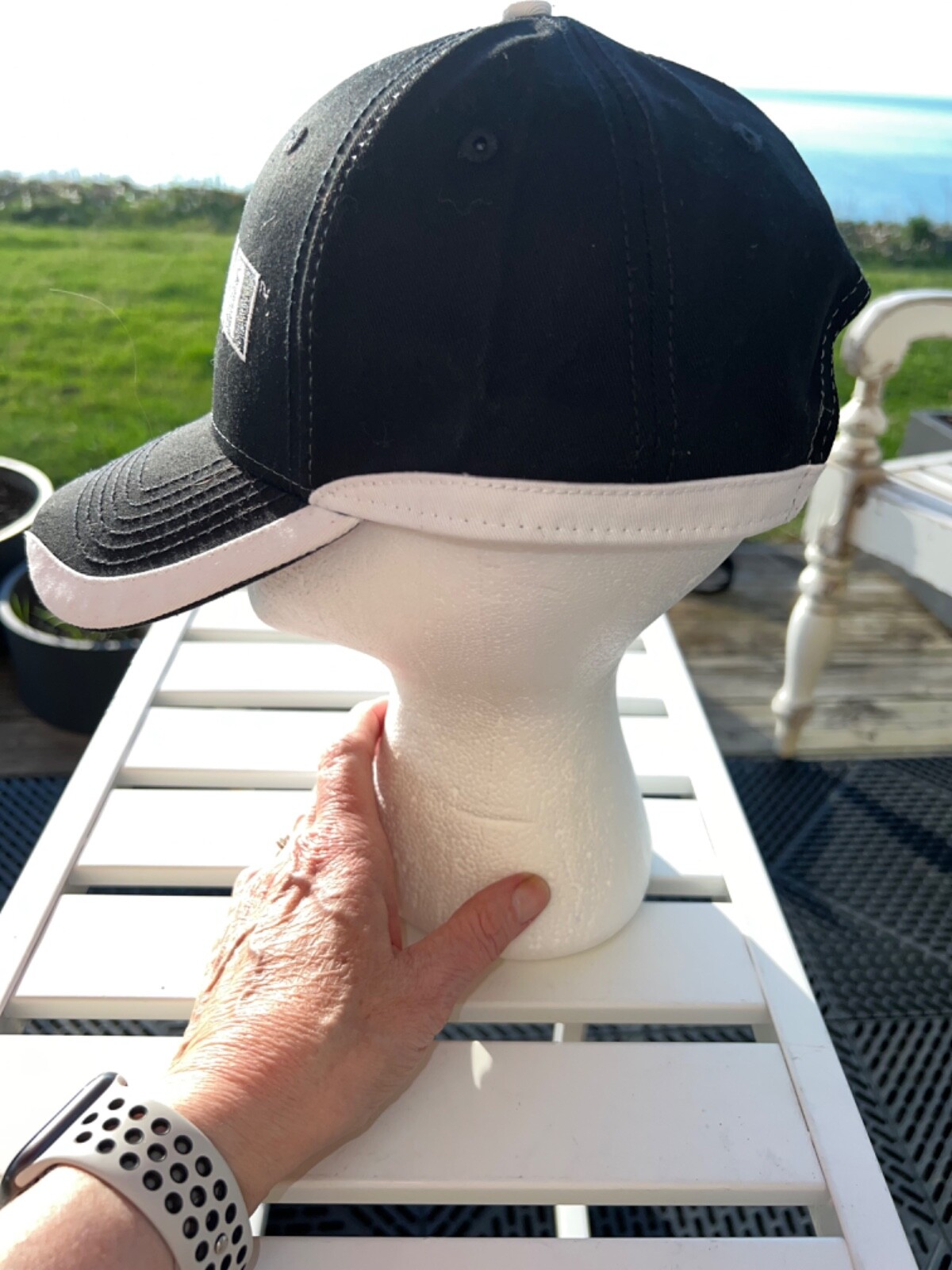 Mobile BlackHat Cap with RWB Accents White Edges on Bill Hook Loop EUC