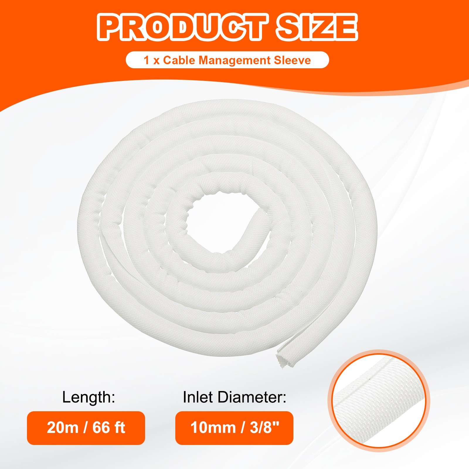 Wire Split Braided Cable Management Sleeve, White (3/8" - 66 Feet)