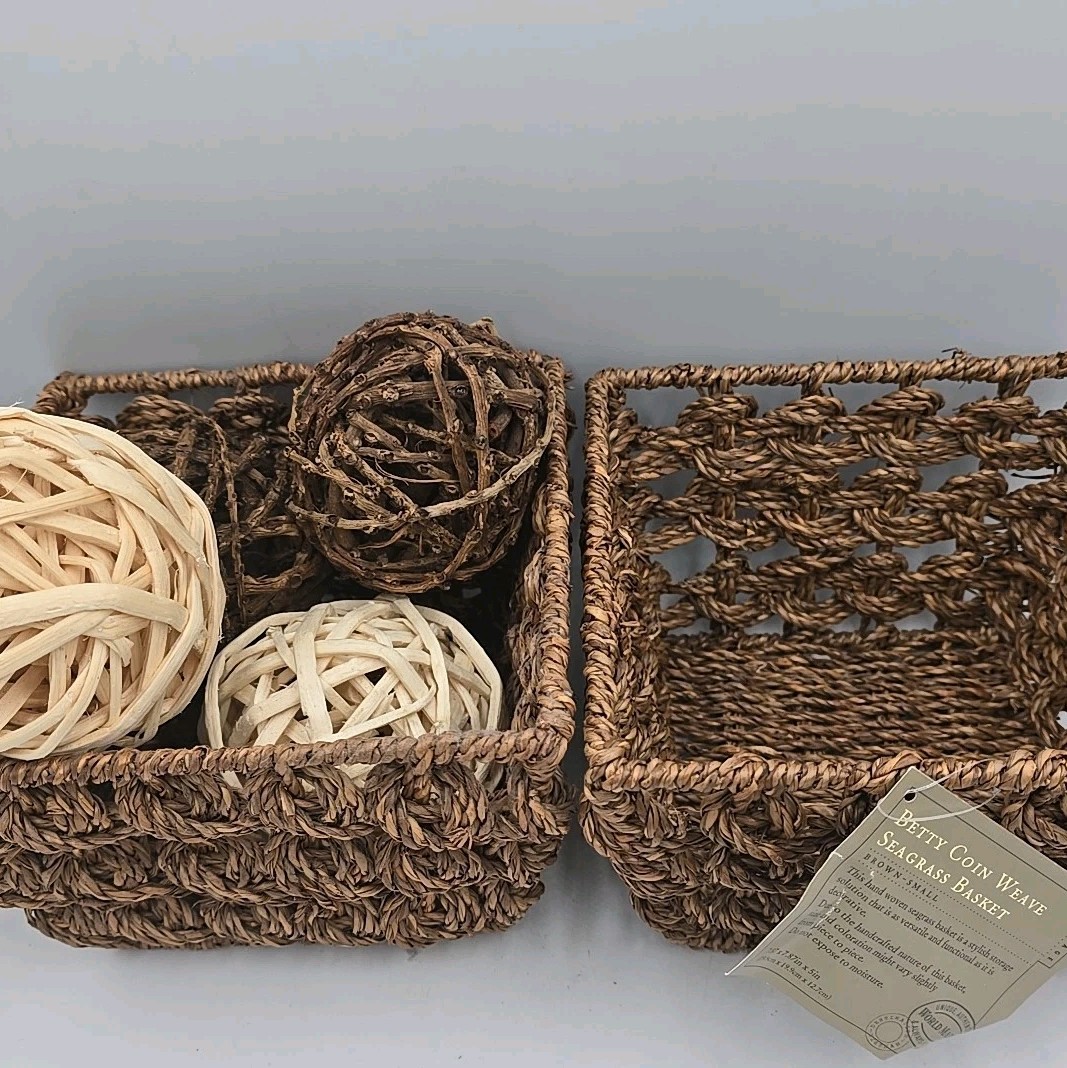 2 Square Brown Braided Wicker Baskets with 4 Natural Decorative Balls Fall Decor