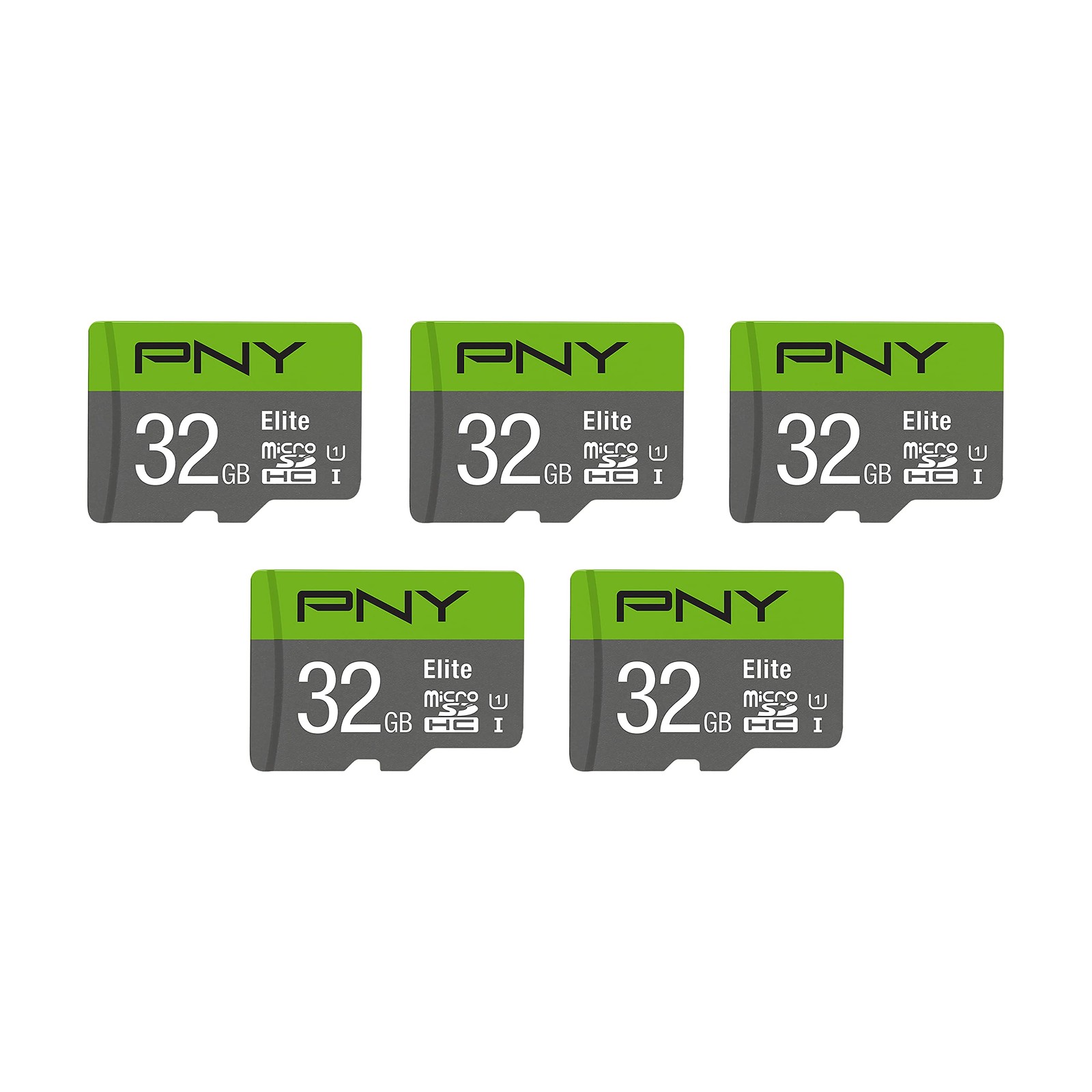 PNY 32GB Elite Class 10 U1 microSDHC Flash 5 Count (Pack of 1), Grey,Greeen