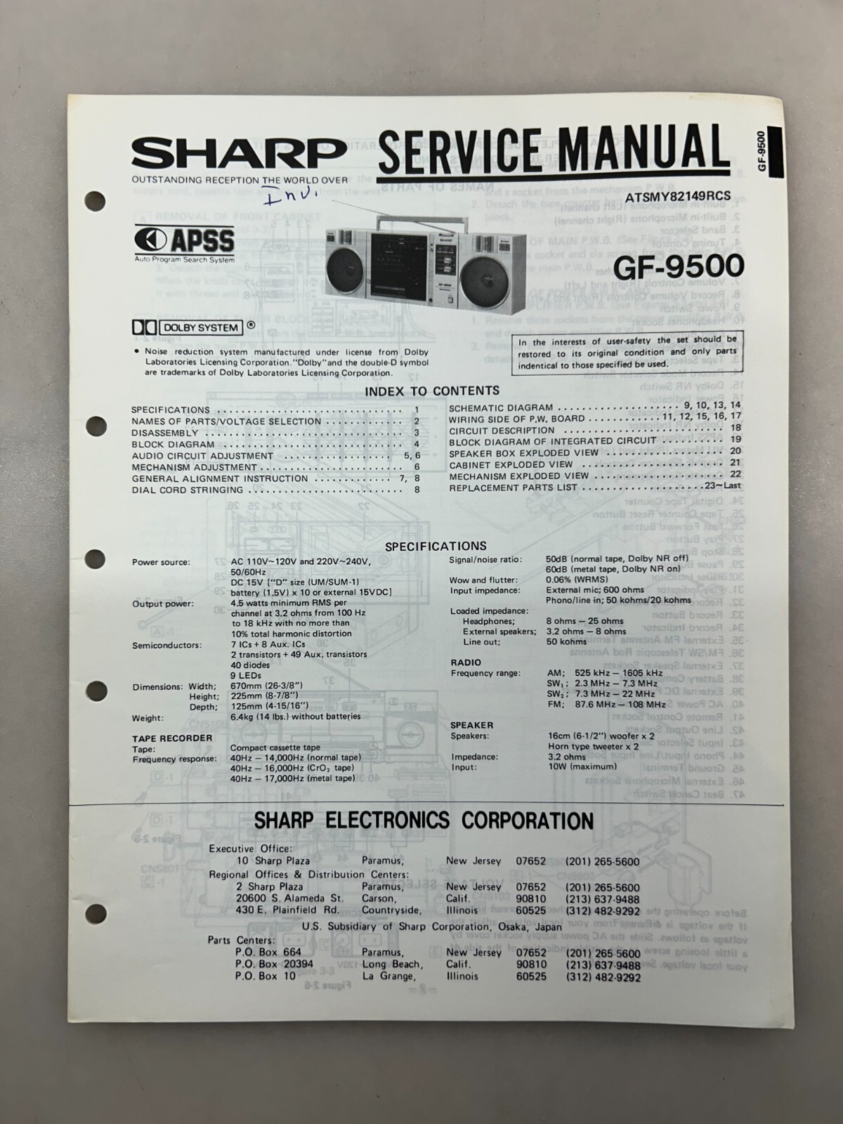 Sharp GF-9500 Original Service Manual Free Shipping