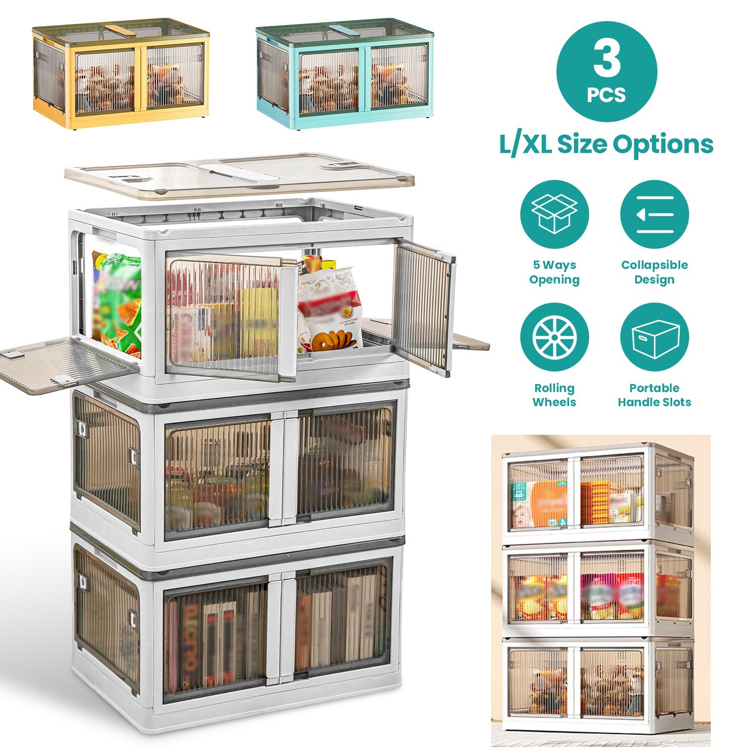 3Pcs Foldable Storage Bins w/ Lid Stackable Organizing Containers for Closet