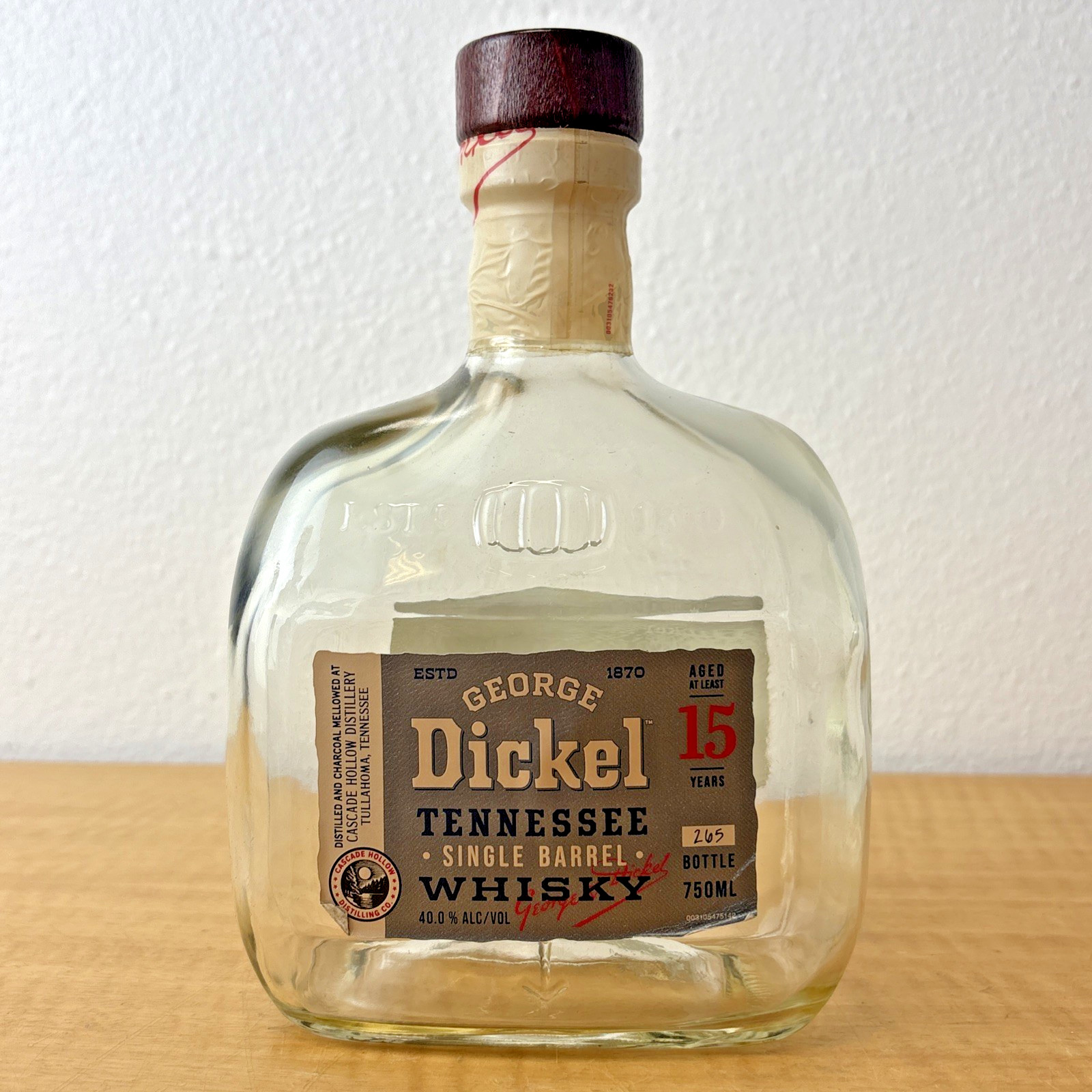 Empty Tennessee Whisky Bottle George Dickel 15 Year Batch #265