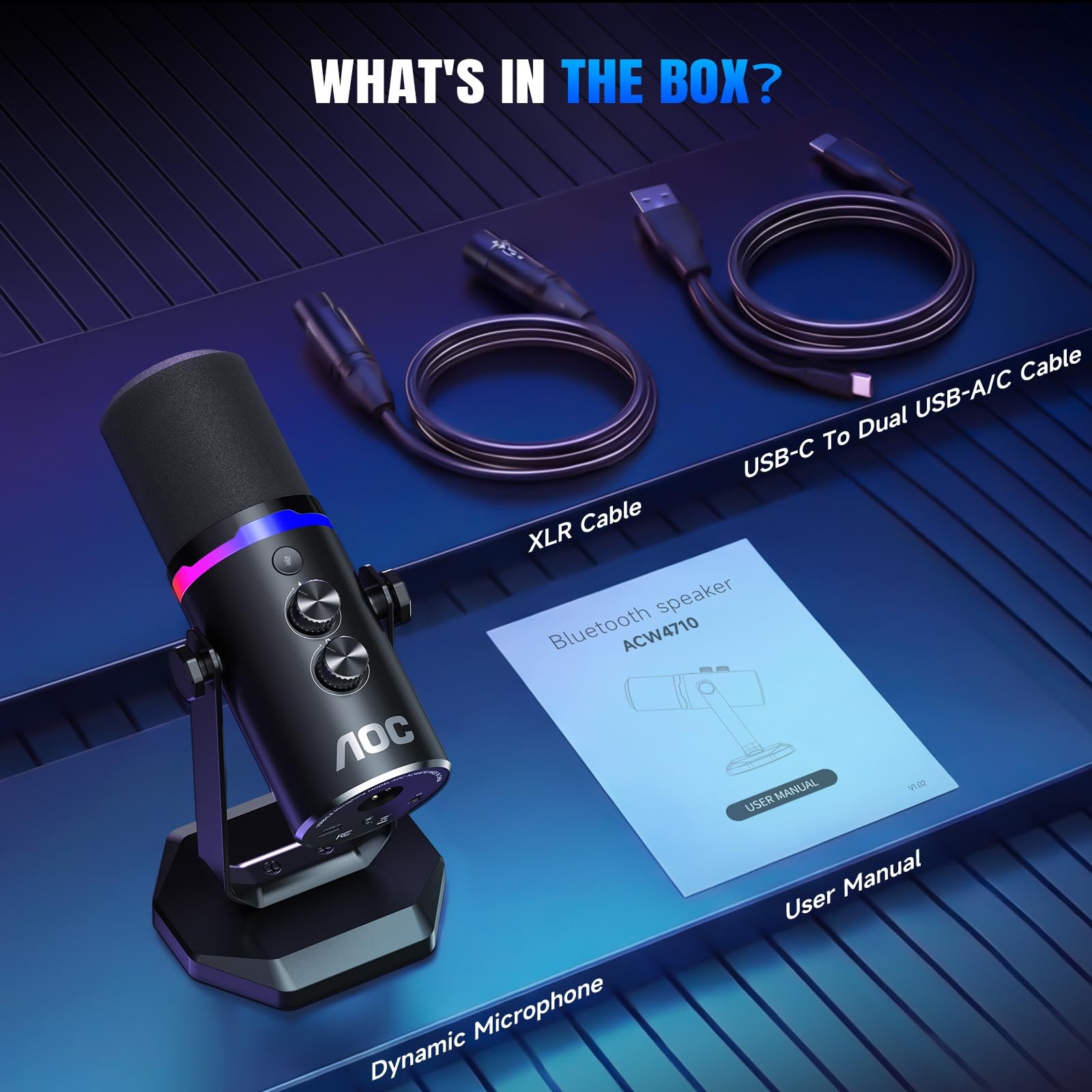 AOC Dynamic Microphone,PC Gaming Mic with RGB Light,USB/XLR Podcast Black