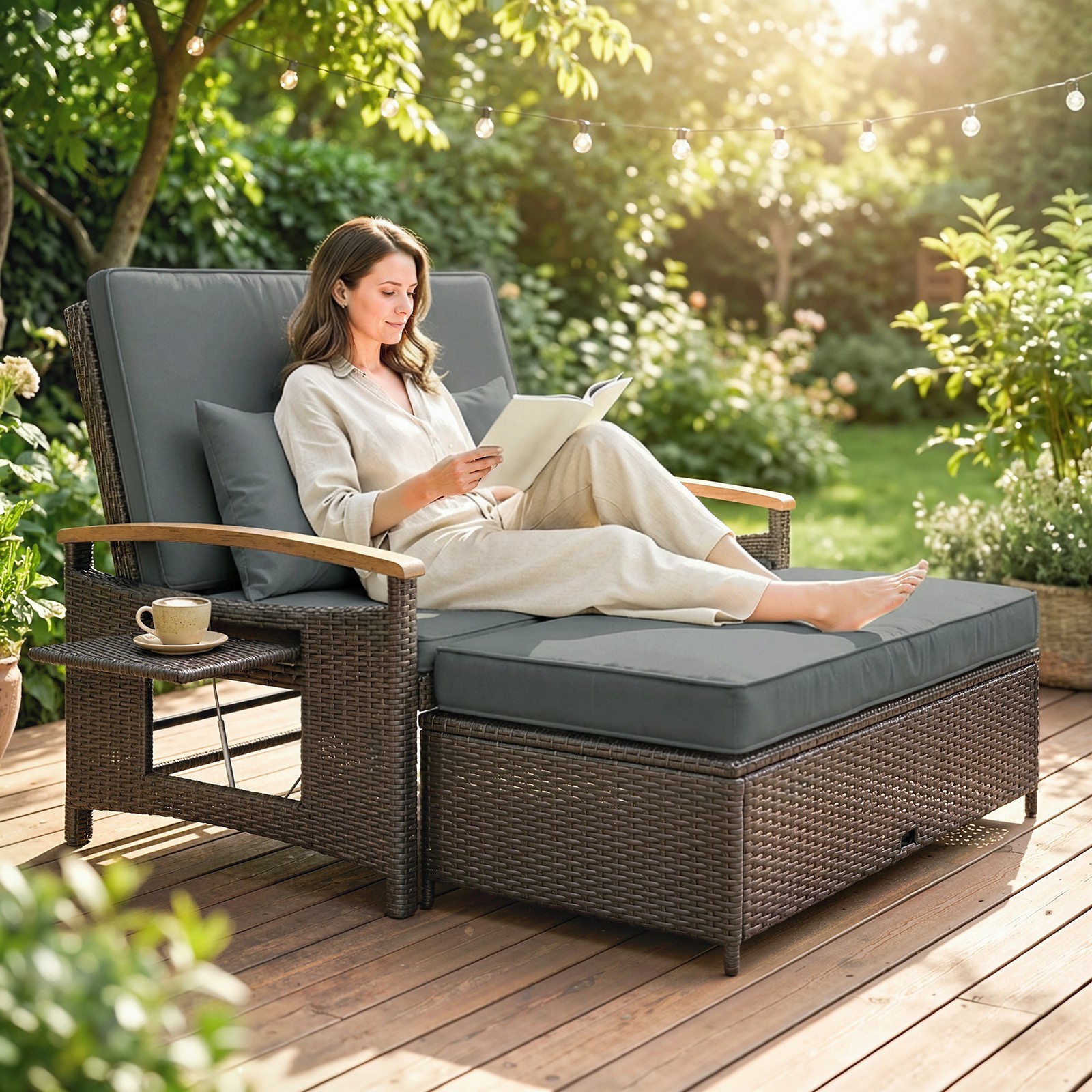 Outsunny Rattan Outdoor Daybed w/4-Level Adjustable Backrest, Mixed Gray