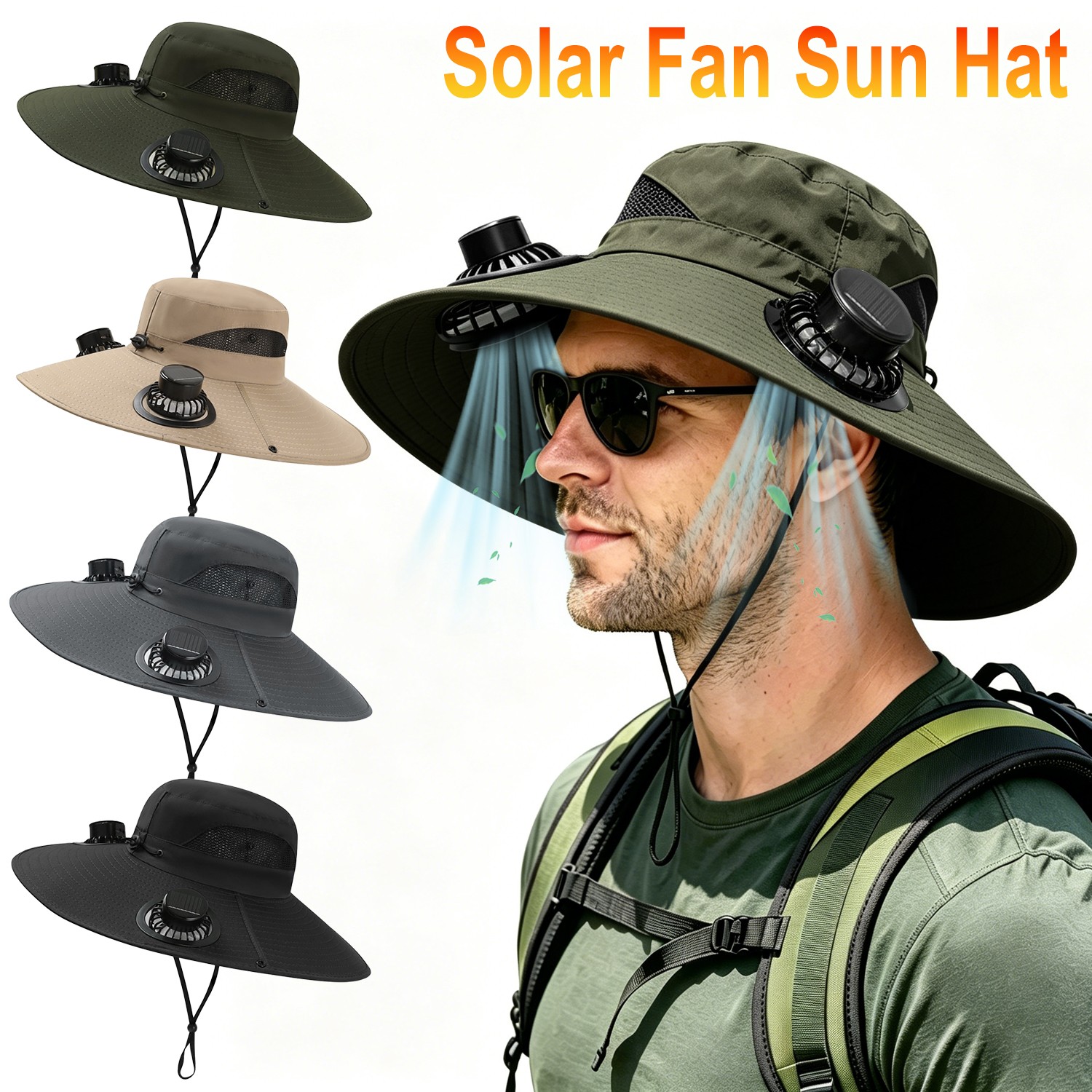 Solar Powered Wide Brim Fan Hat W/ 2 Fans UPF 50+ Outdoor Fishing Beach Sun Hat