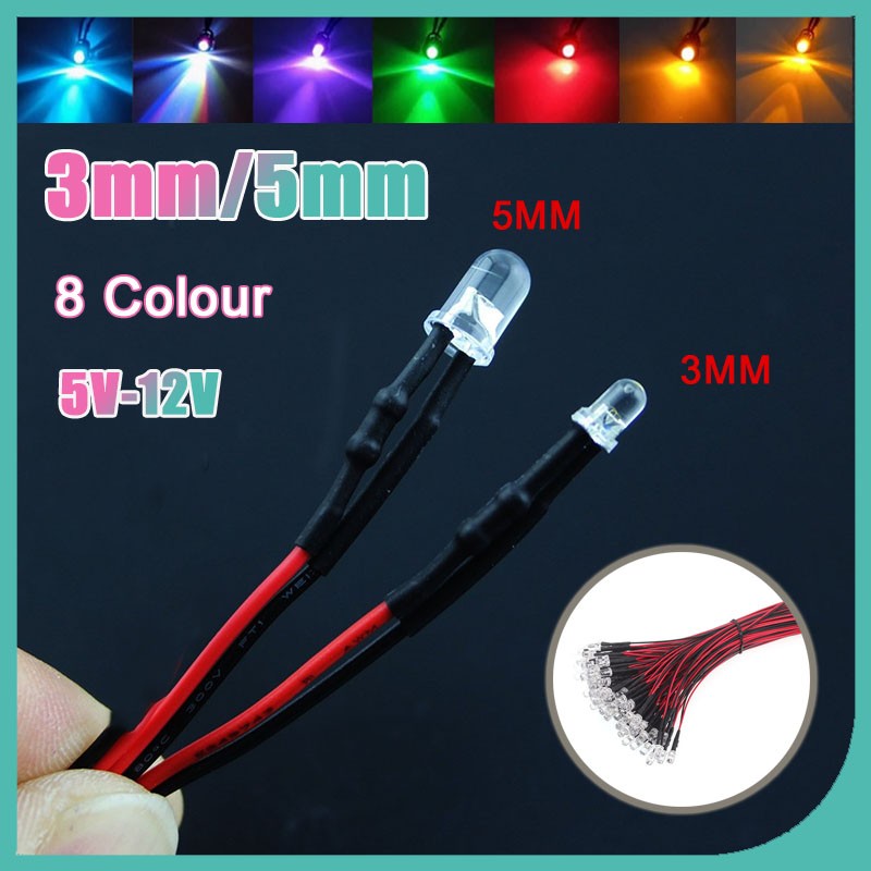 3mm/5mm Small LED Bulb Emitting Diode Lamp Bead 5V-12V with 20cm Pre-wired Cable