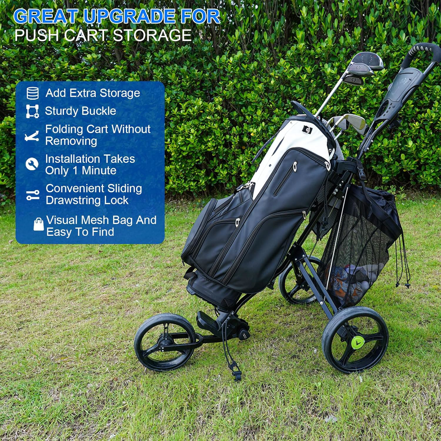 Golf Push Cart Storage Bag,Golf Cart Organizer, Push-Pull Golf Carts Backside